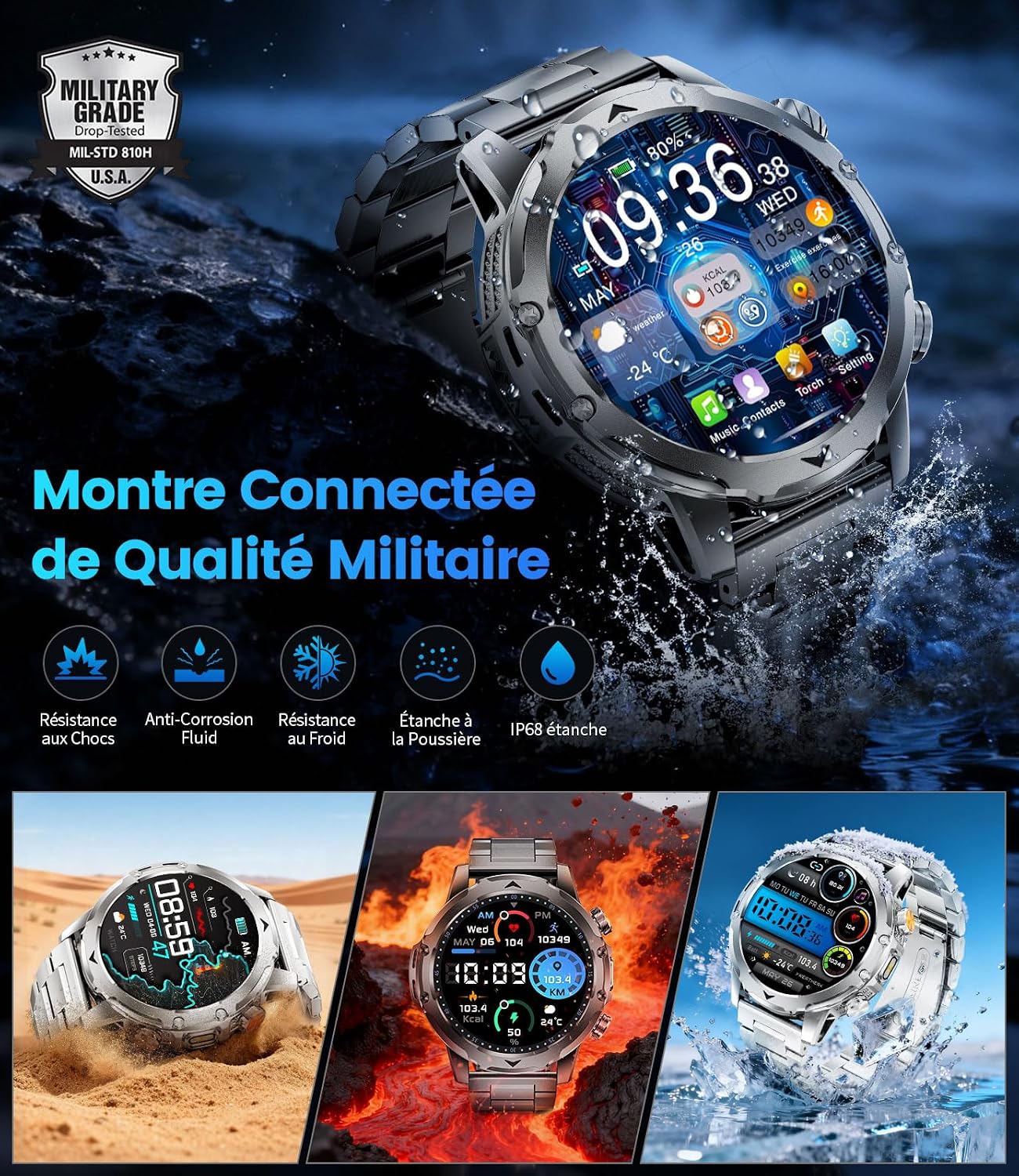 Detalle de FitVigor EF23 : montre connectée homme avec écran HD 1,53", batterie 1000 mAh, 3 bracelets et lampe LED