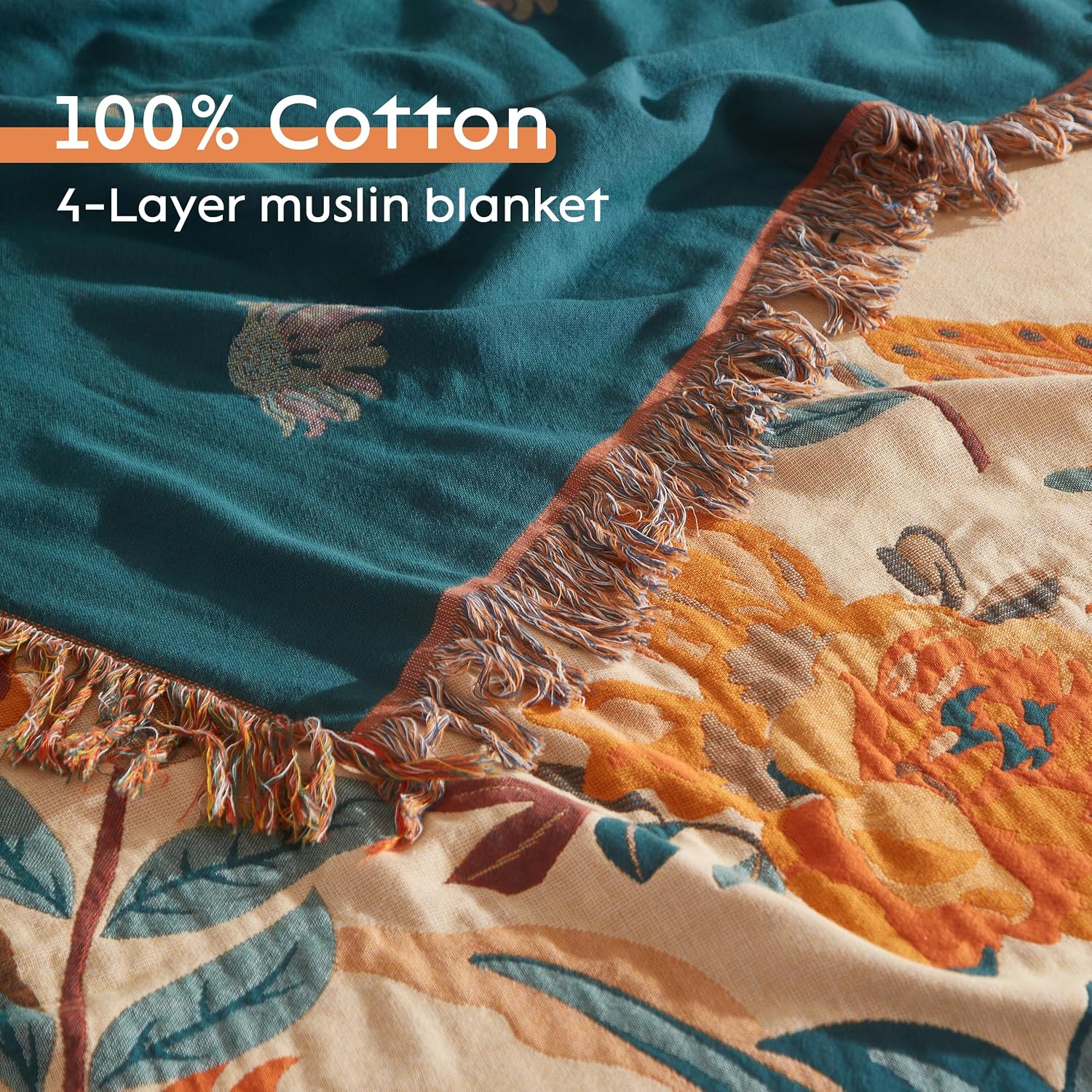 Detalle 1 de SE SOFTEXLY Boho Cotton Throw Blanket, King Size 90” x 98”, 4-Layer Floral Muslin