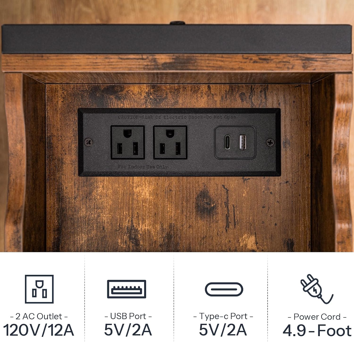 Detalle 2 de HOOBRO End Table with Charging Station, Rustic Brown
