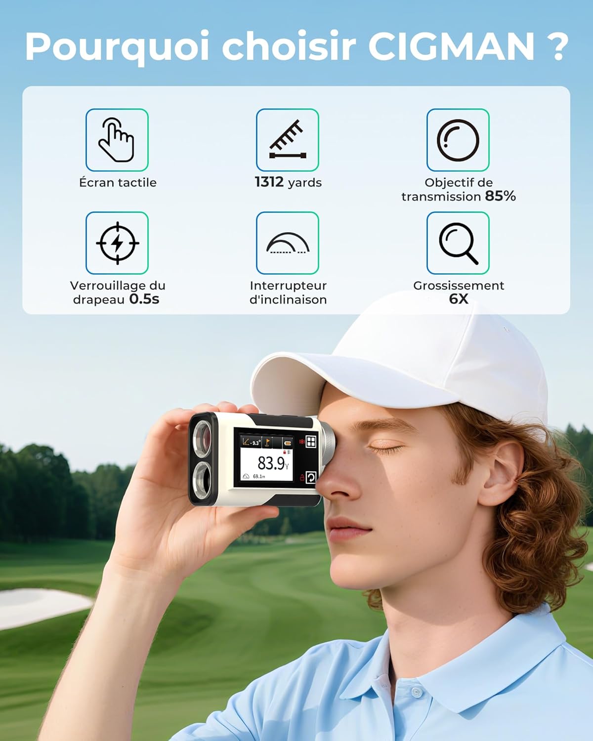 Detalle de Télémètre de golf CIGMAN 1312 yards – précision ±1 m et écran tactile latéral