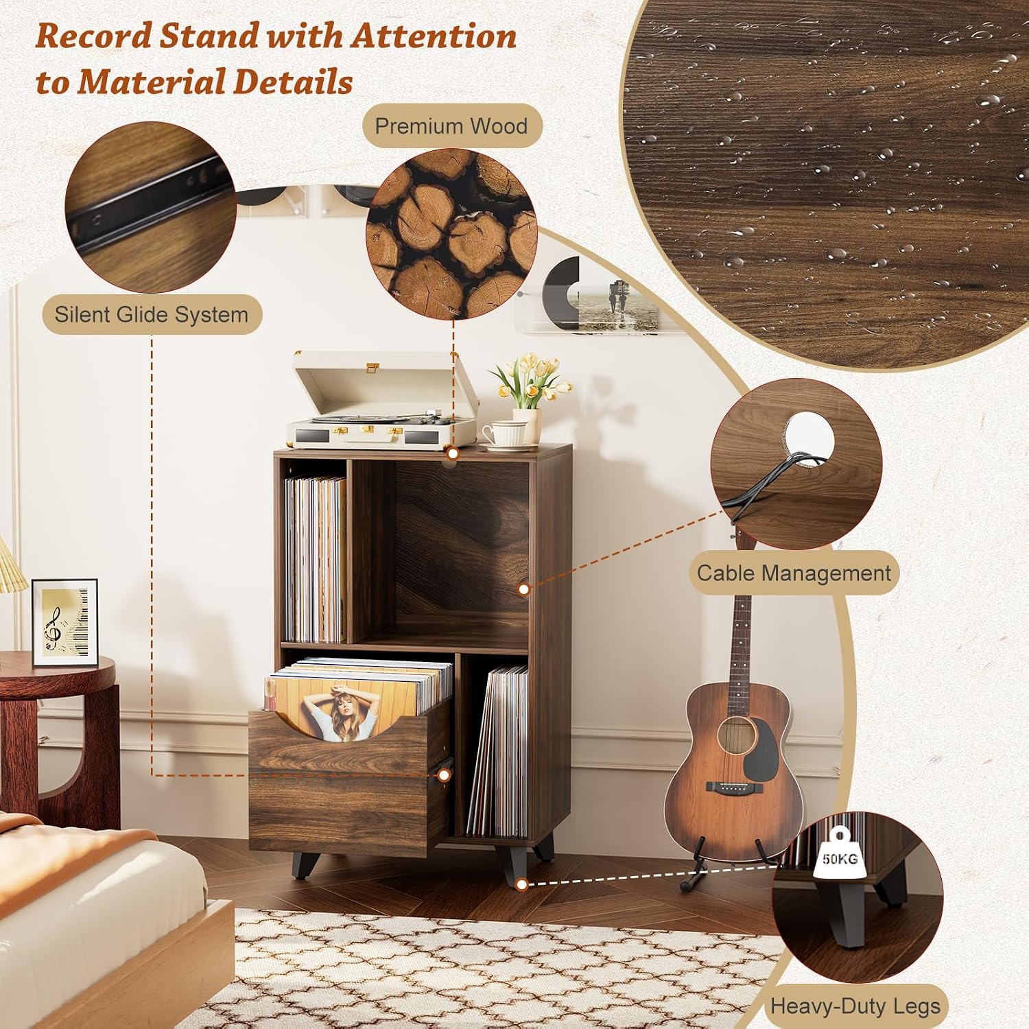 Detalle de Bikoney JIANLE S-01 vinylkast met lade, houten draaitafelmeubel tot 50 kg