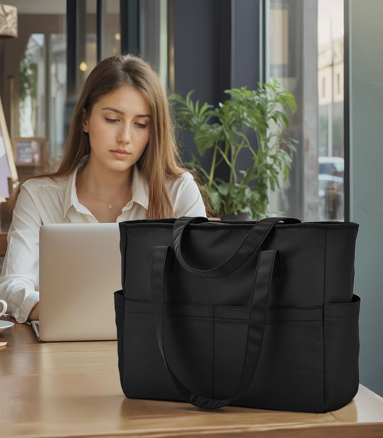Detalle de oscaurt Tote Bag Shopper Tasche Damen mit 17 Zoll Laptopfach – wasserdicht, 24L, faltbar