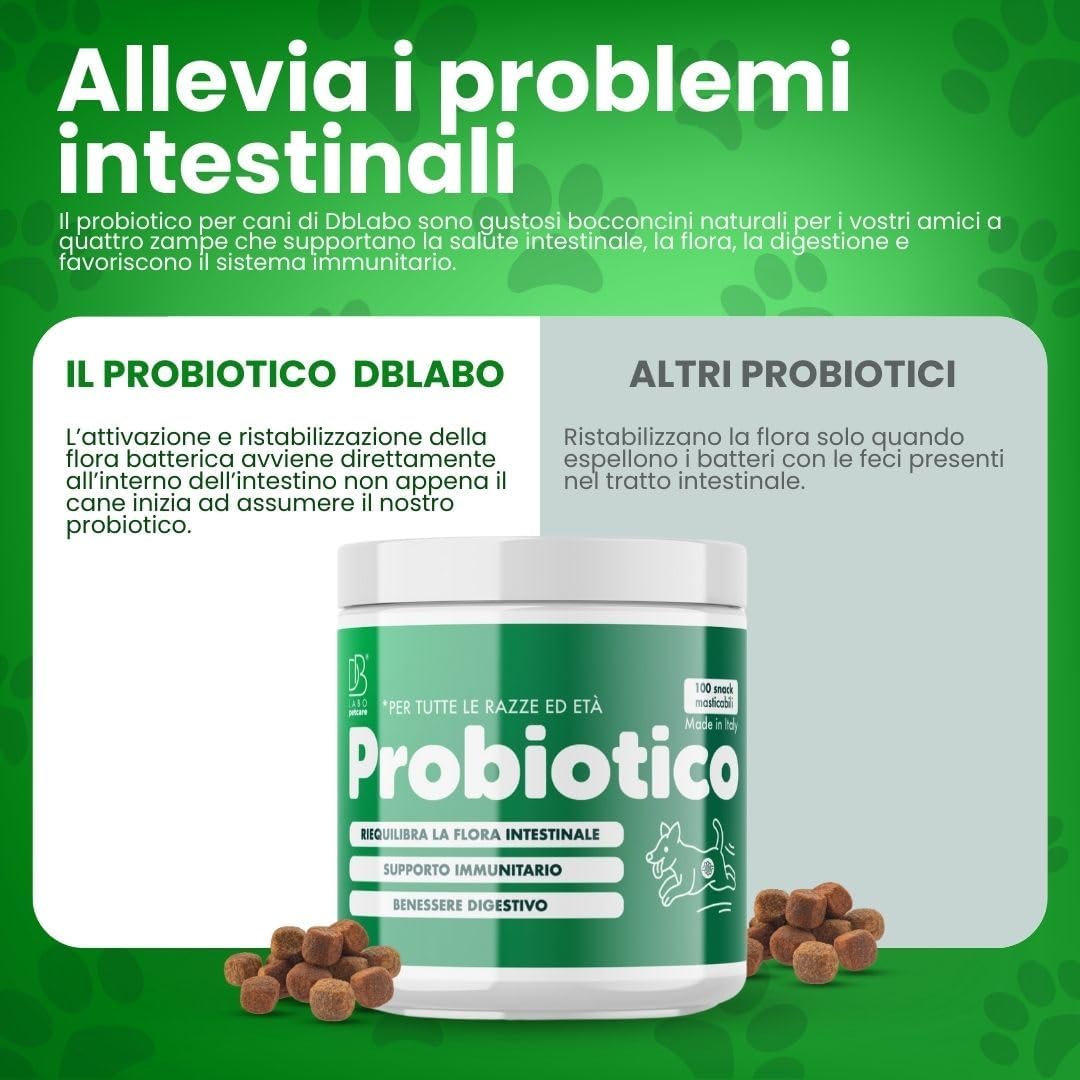 Detalle 2 de DB Labo Probiotici per Cani 100 Snack: 4-in-1 per Digestione, Immunità e pelle