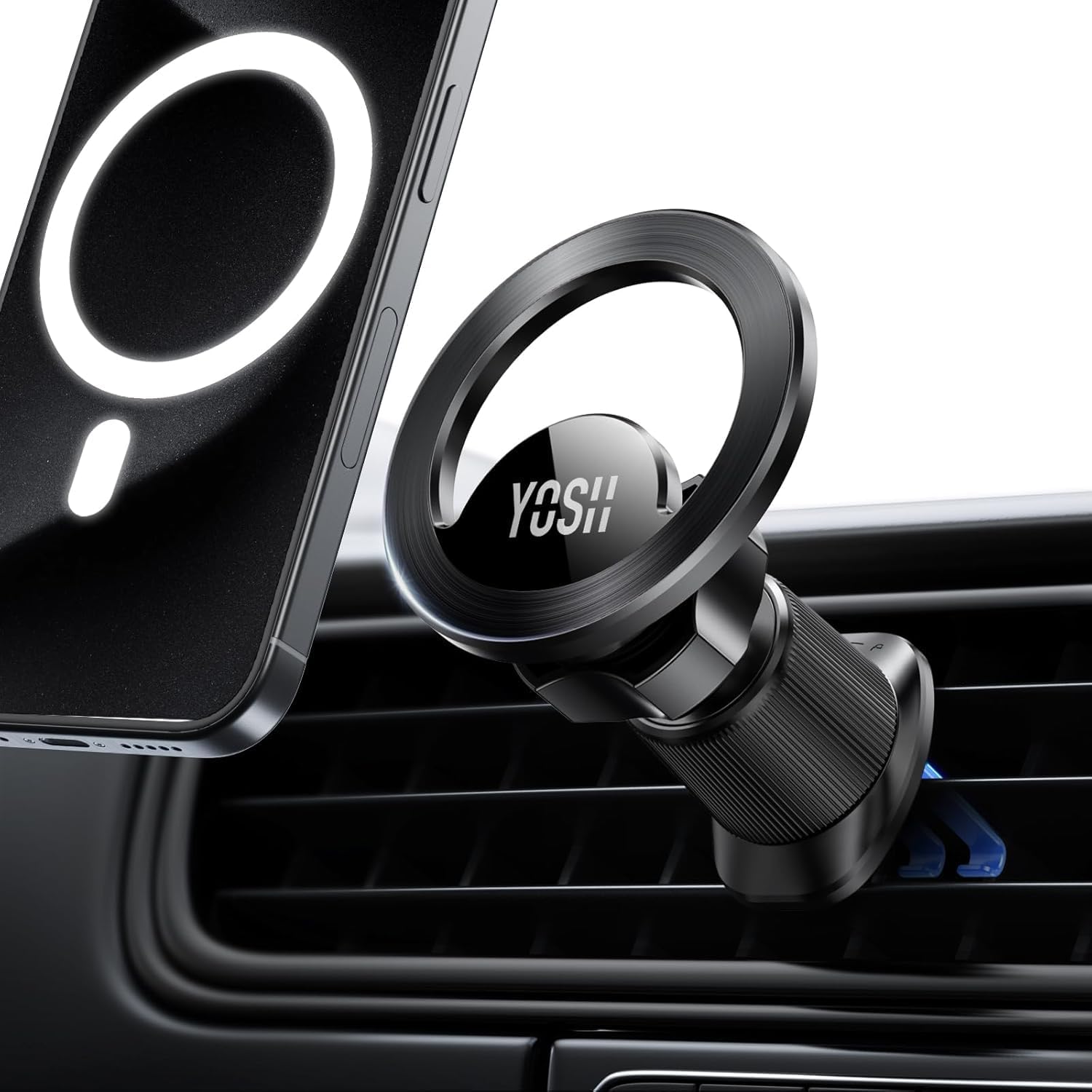 Detalle de YOSH MagSafe Car Mount — air vent magnetic phone holder with dual-hook stability and 20× N55 magnets