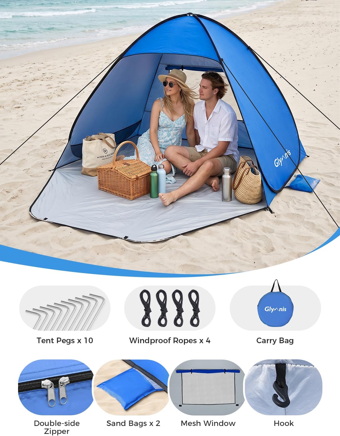Thumbnail 6 de Glymnis Strandmuschel Pop Up Strandzelt – UV-Schutz 50+, Windschutz, blau, kompakt