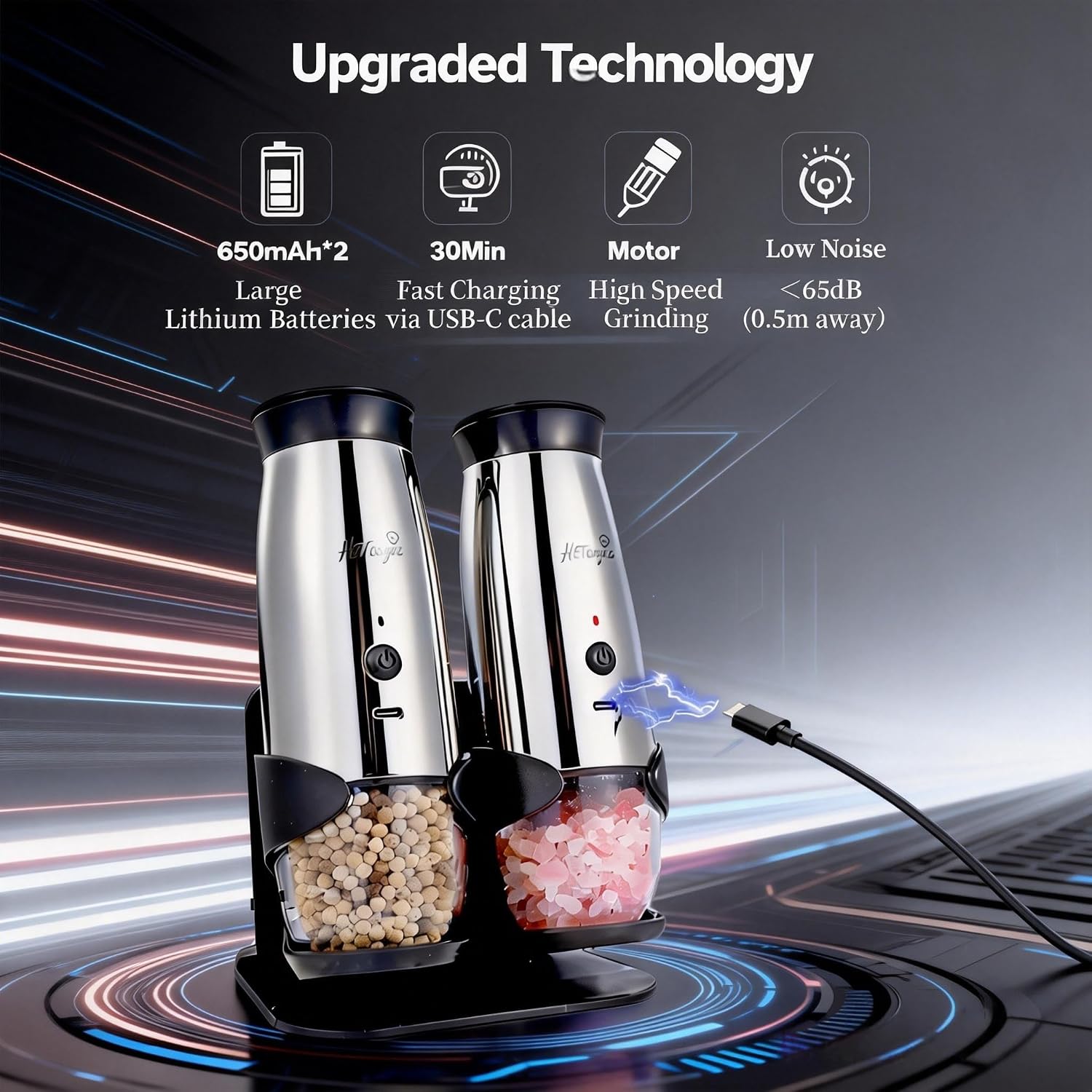 Detalle de Electric Salt and Pepper Grinder Set (2 Pack) with Safe Storage Base, LED & Adjustable Coarseness