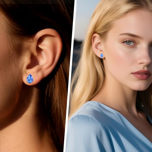Detalle de Weviway Sterling Silver Blue Sapphire Teardrop Stud Earrings