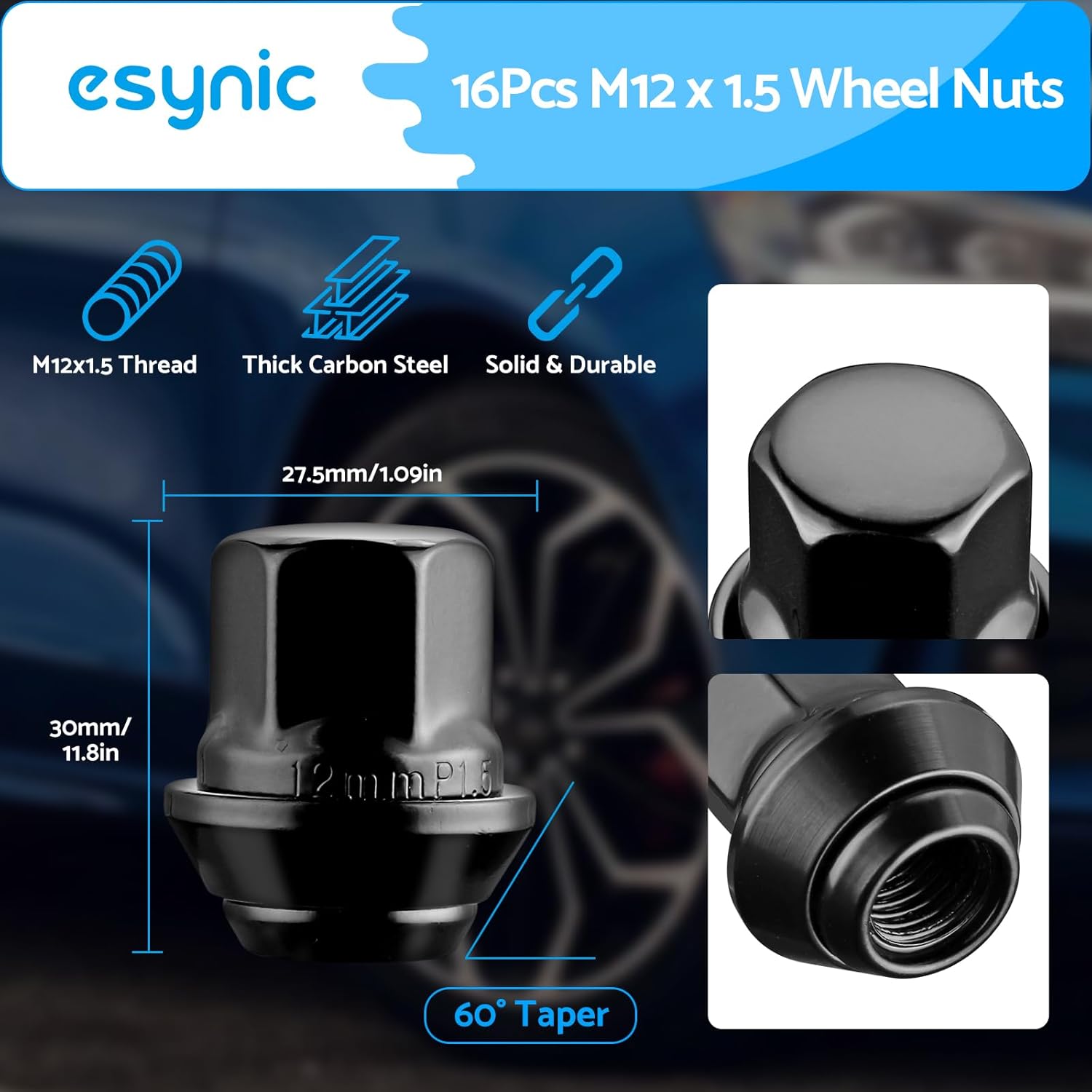 Detalle de eSynic 16-Piece Wheel Nuts Set for Ford (M12x1.5, 19mm Hex) Black Locking Nuts with Taper Washer