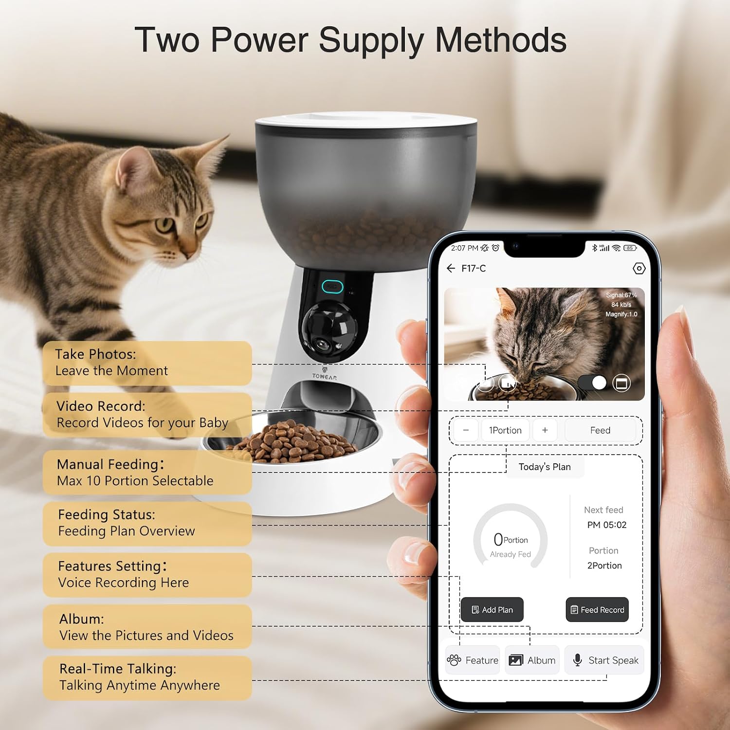 Thumbnail 6 de Automatic Pet Feeder with Camera (4L) for Cats – 2.4GHz/5GHz WiFi, 1–10 Meals Daily, 304 Stainless Bowl, Dual Power