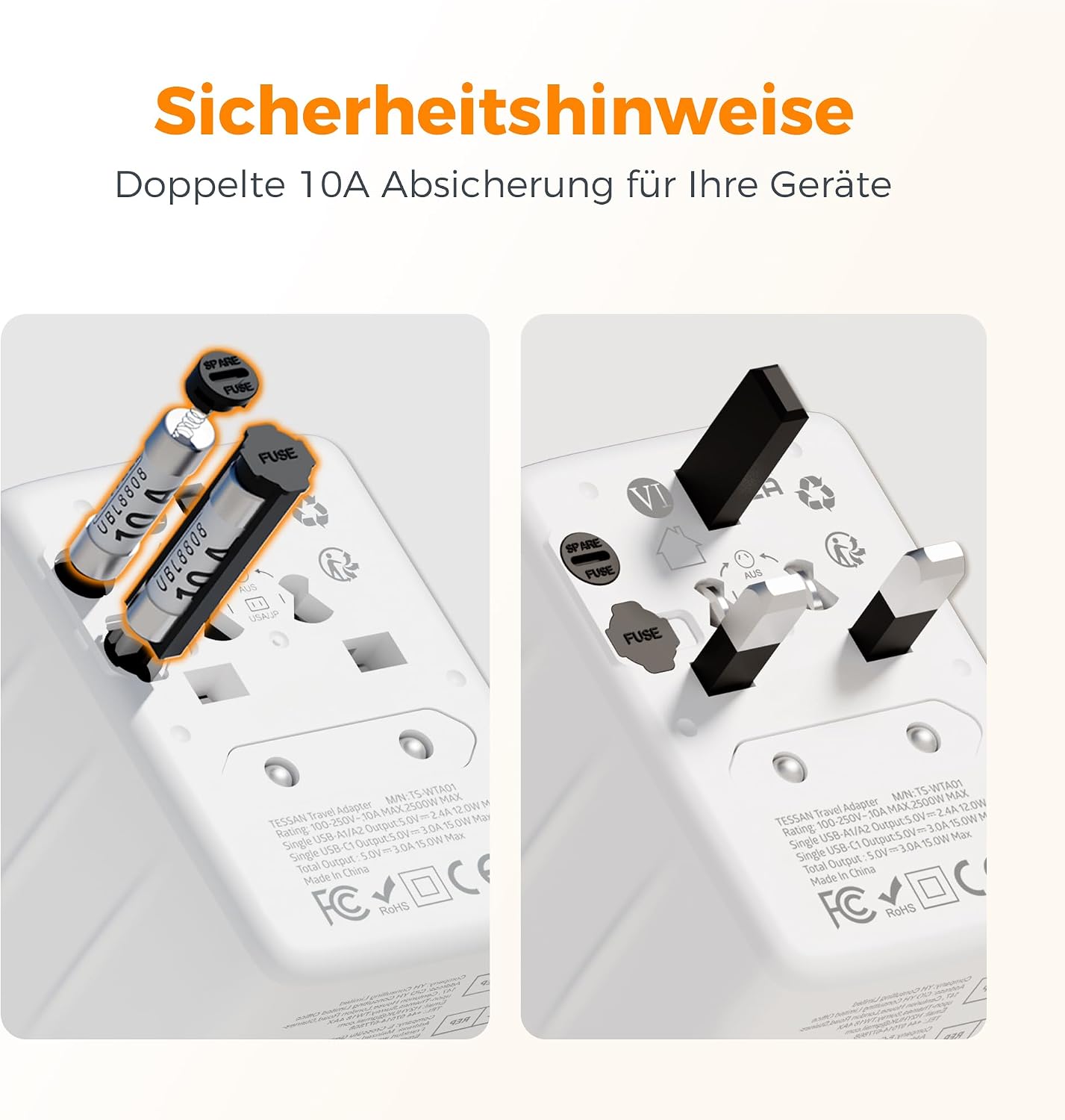 Thumbnail 5 de TESSAN Reiseadapter Weltweit: Universal Travel Adapter mit 1 USB-C, 2 USB-A und AC-Steckdose