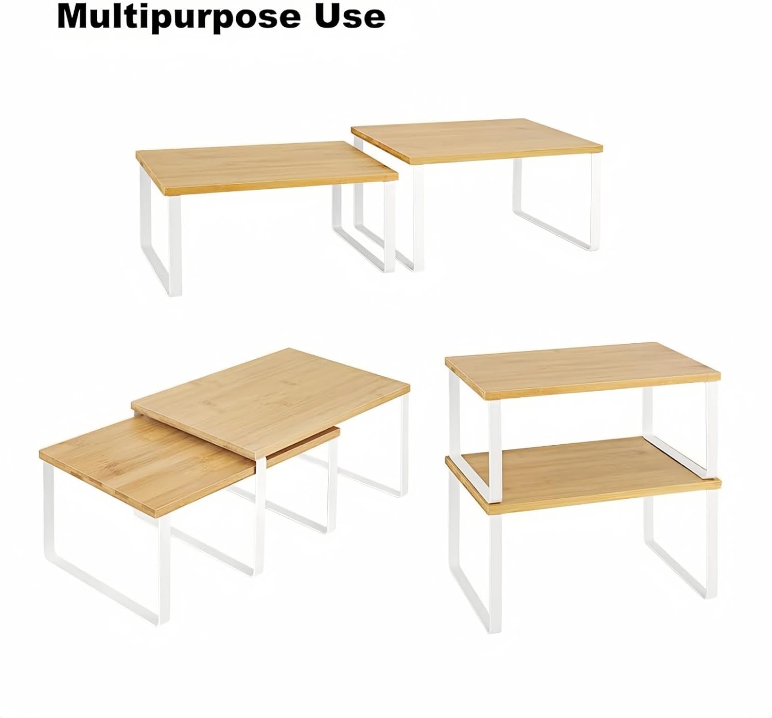 Detalle de NEX Bamboo Kitchen Cabinet & Counter Shelf Organizer (Set of 4) — Stackable, Expandable, White & Natural