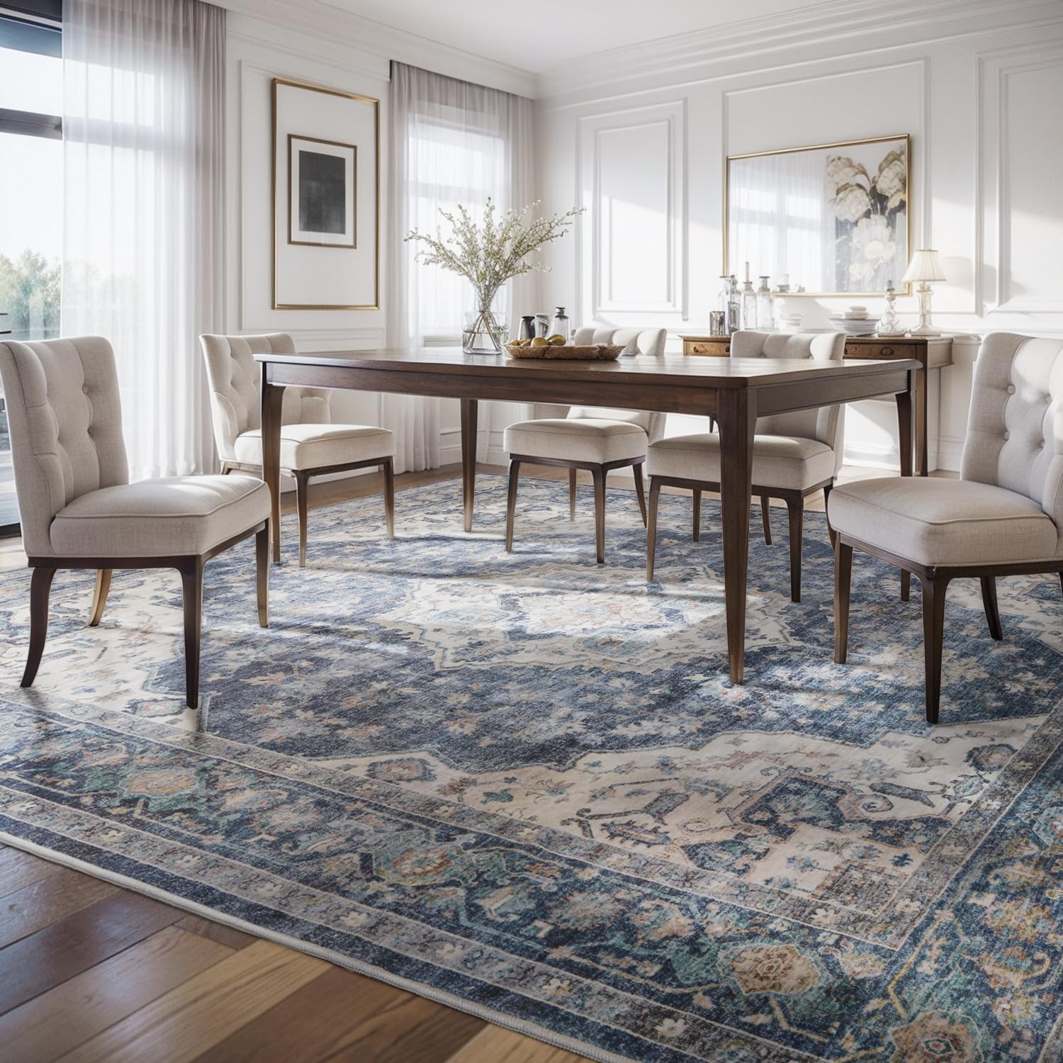 Thumbnail 4 de AMOAMI 9x12 Vintage Soft Blue Area Rug with Non-Slip Backing (Washable)