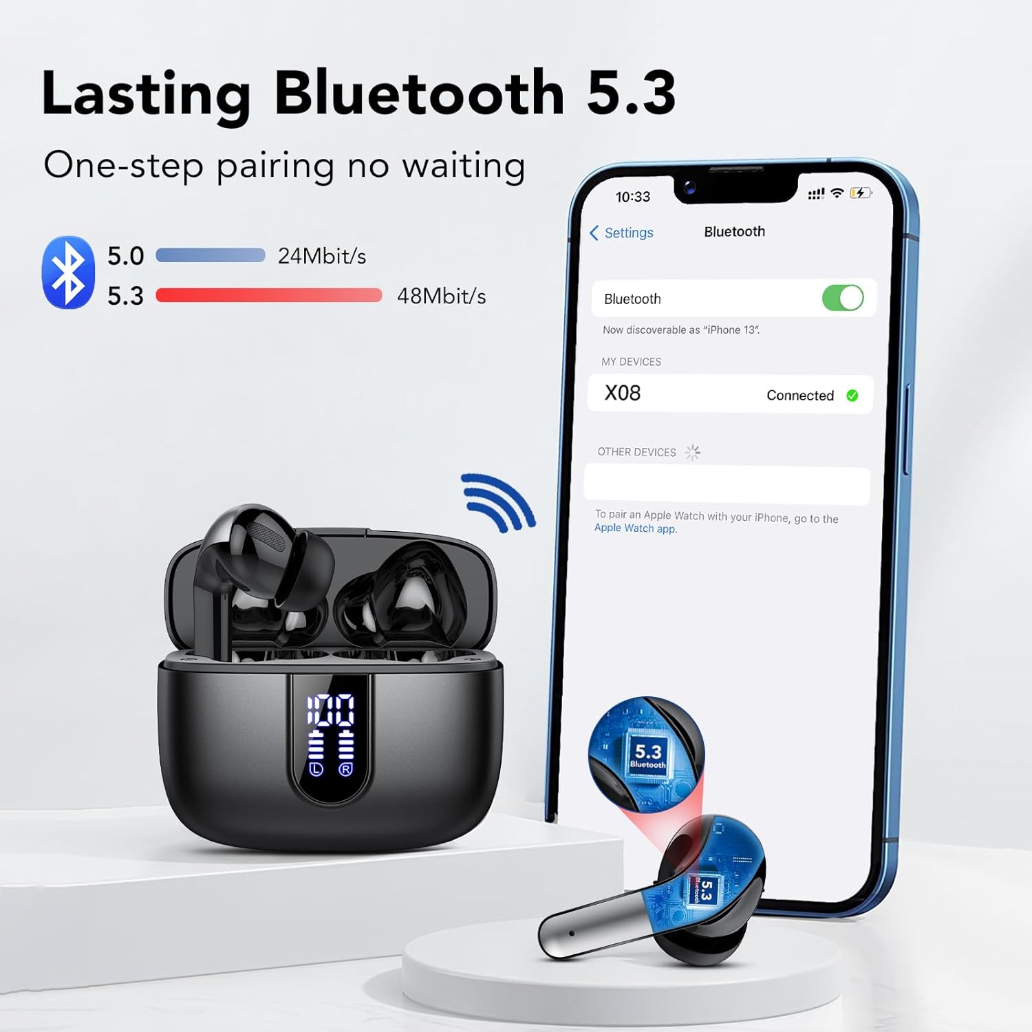 Detalle de IKT Auricolari Bluetooth 5.3 in-ear con display LED e microfoni ENC (50 ore) Nero