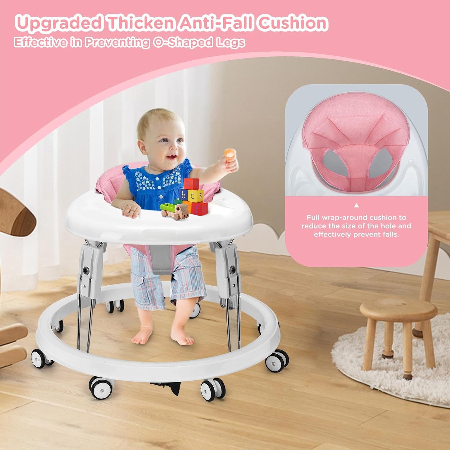 Detalle de Ansha Baby Pink Baby Walker with One-Touch Folding, Height Adjustment and Brake