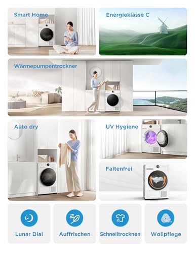 Detalle de Midea MD20EH100WB-A3 Wärmepumpentrockner – 10 kg, A+++, UV Hygiene, Knitterschutz, Woolcare, Auto Dry, Fernsteuerung