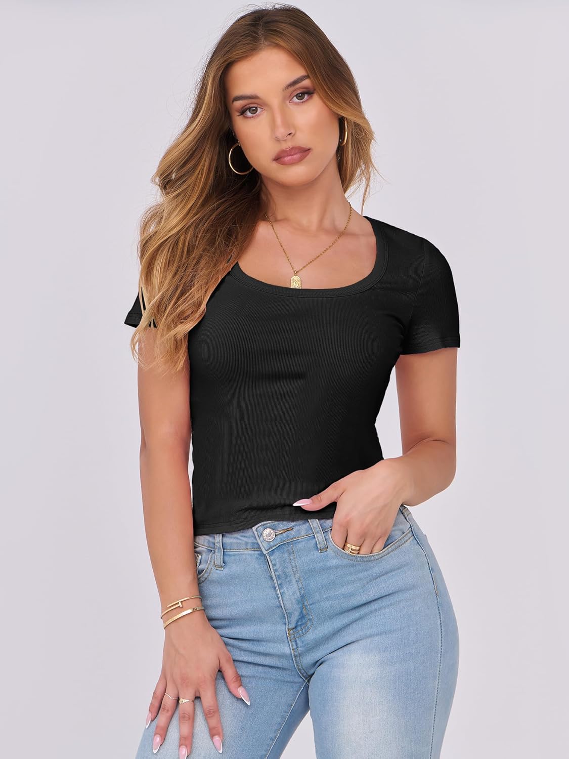 Detalle 2 de ANRABESS Scoop Neck Slim Tee XS–3XL