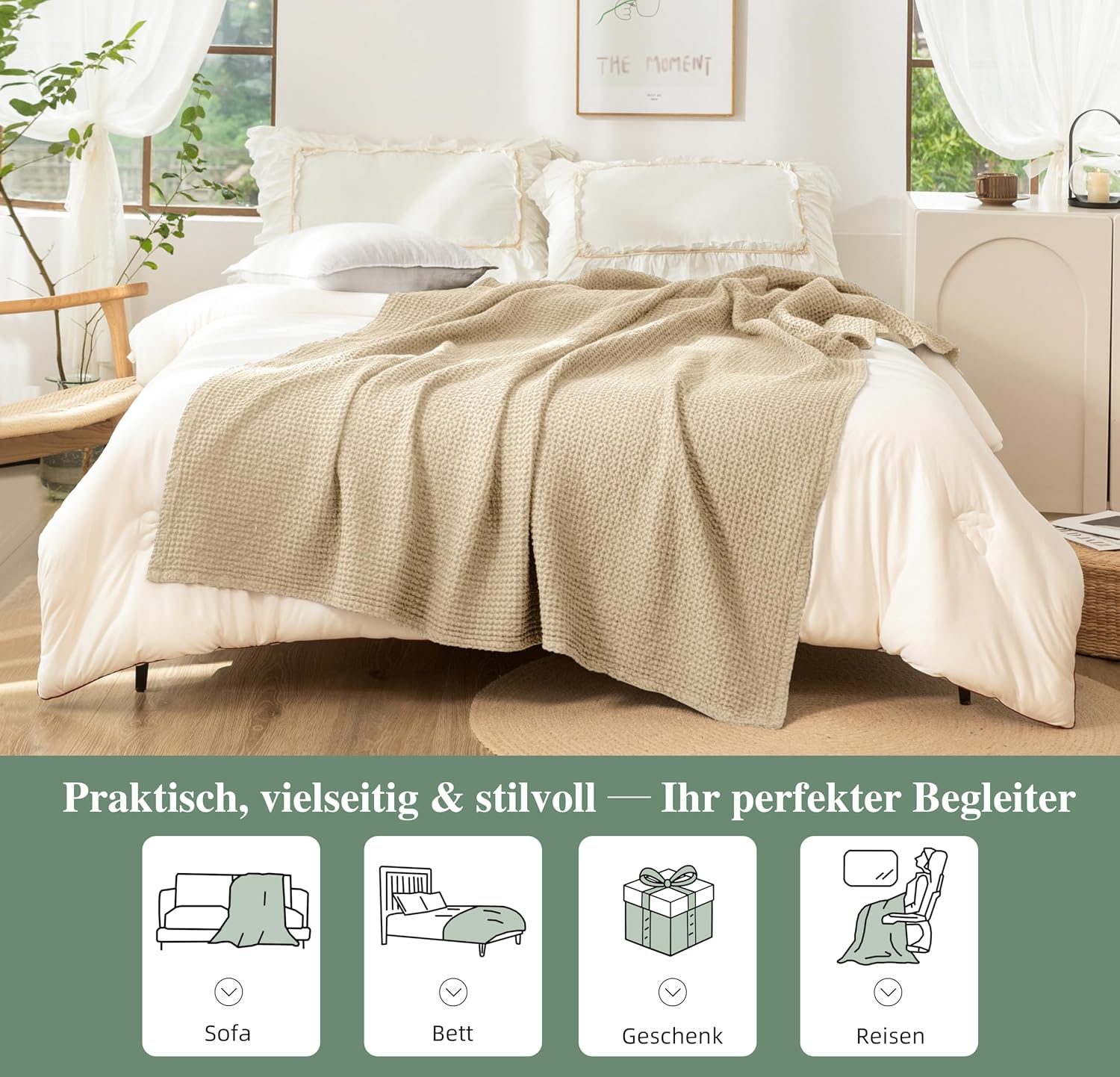 Detalle 2 de CHUFFED Decke aus 100% Baumwolle 150 x 200 cm – weiche Tagesdecke mit Waffelmuster