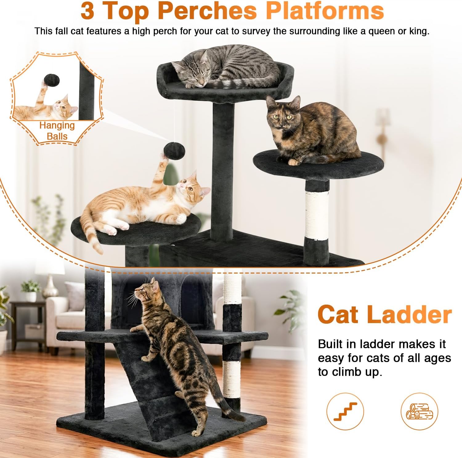 Detalle 2 de FDW Cat Tree 54-Inch Tower with Sisal Posts, Condo and Plush Perches