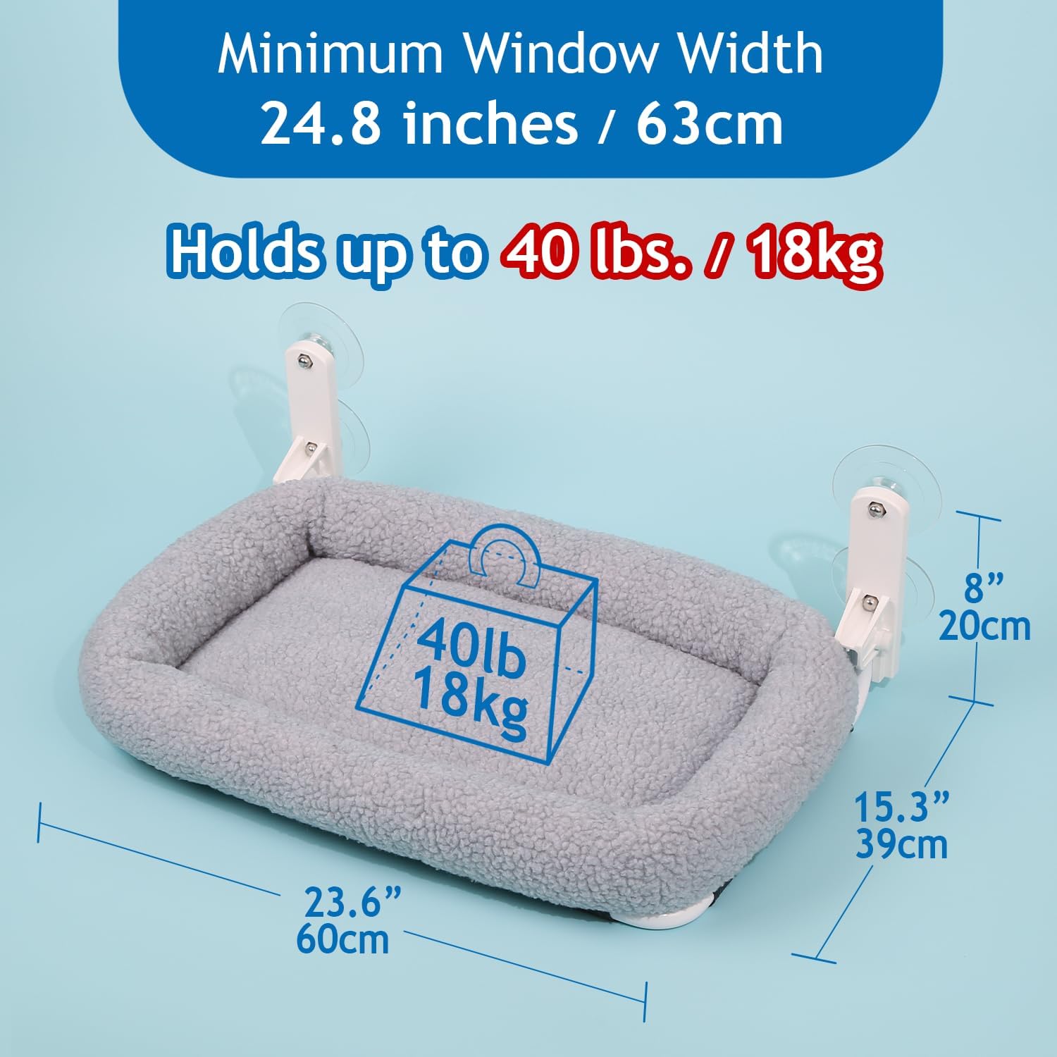 Thumbnail 3 de Zakkart Foldable Cat Hammock for Window (Cordless) with Machine-Washable Bed, Metal Frame & ABS Brackets – Large Gray Bolster