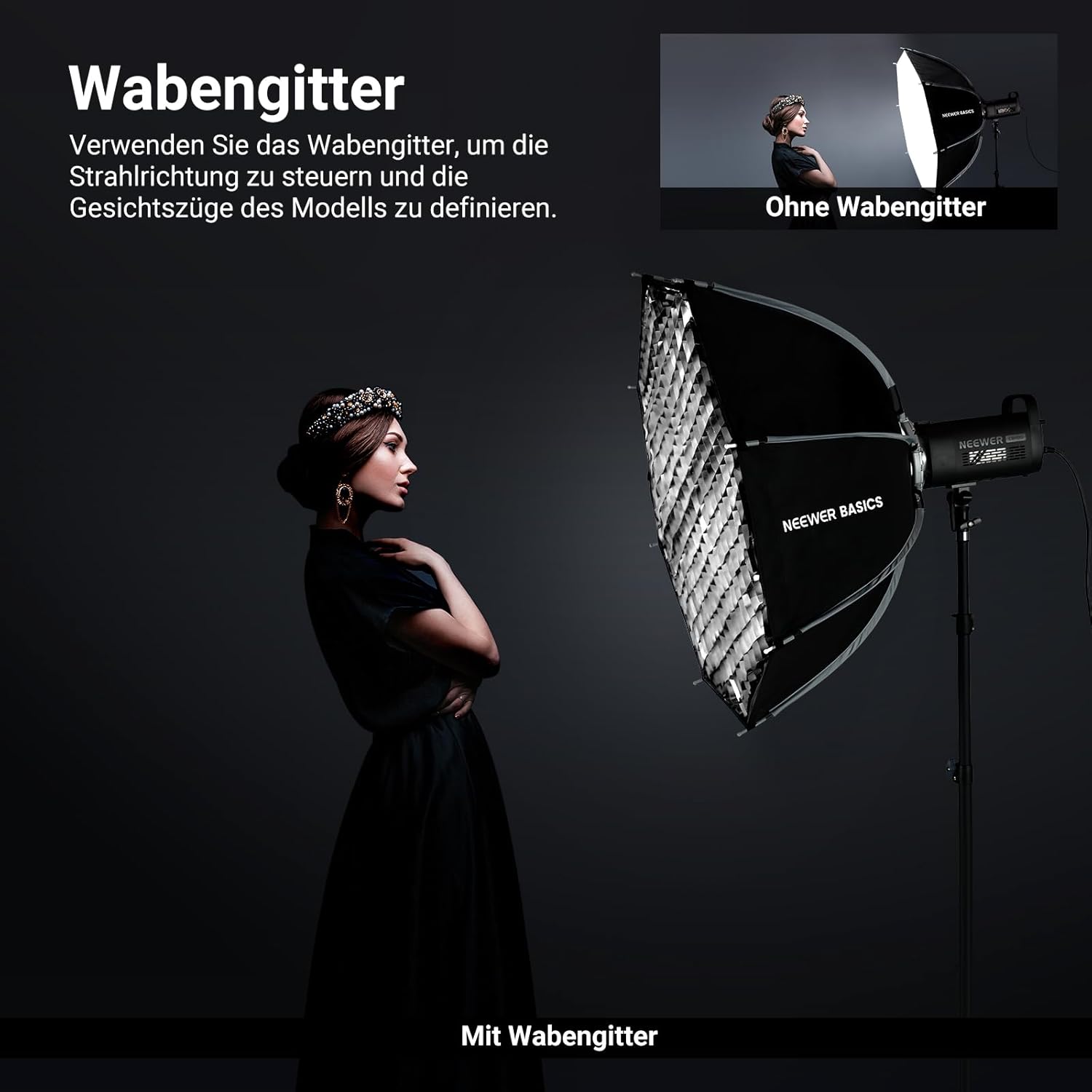 Thumbnail 3 de NEEWER Basics Parabolische Softboxen 90 cm (Bowens Mount) – mit Honeycomb Grid, Diffusoren und Tasche