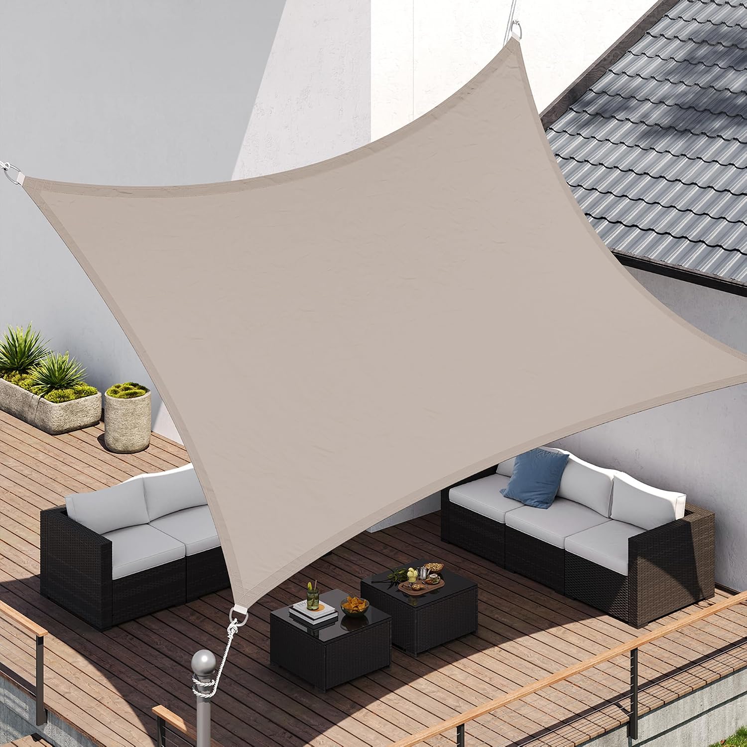 Detalle 2 de SONGMICS Sonnensegel 3 x 5 m taupe (GSH35TP) – wasserfest, UV-Schutz 93%