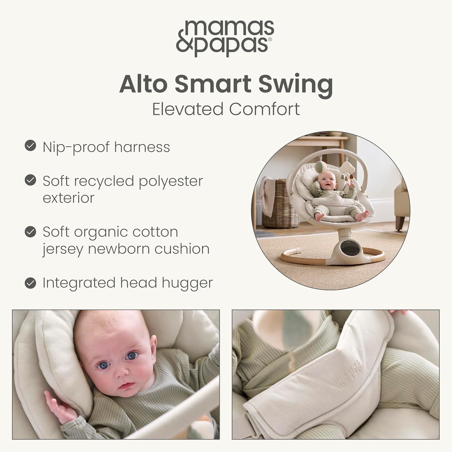 Detalle de Mamas & Papas Alto Smart Baby Swing (Cashmere): touchscreen, 5 speeds, Bluetooth and remote