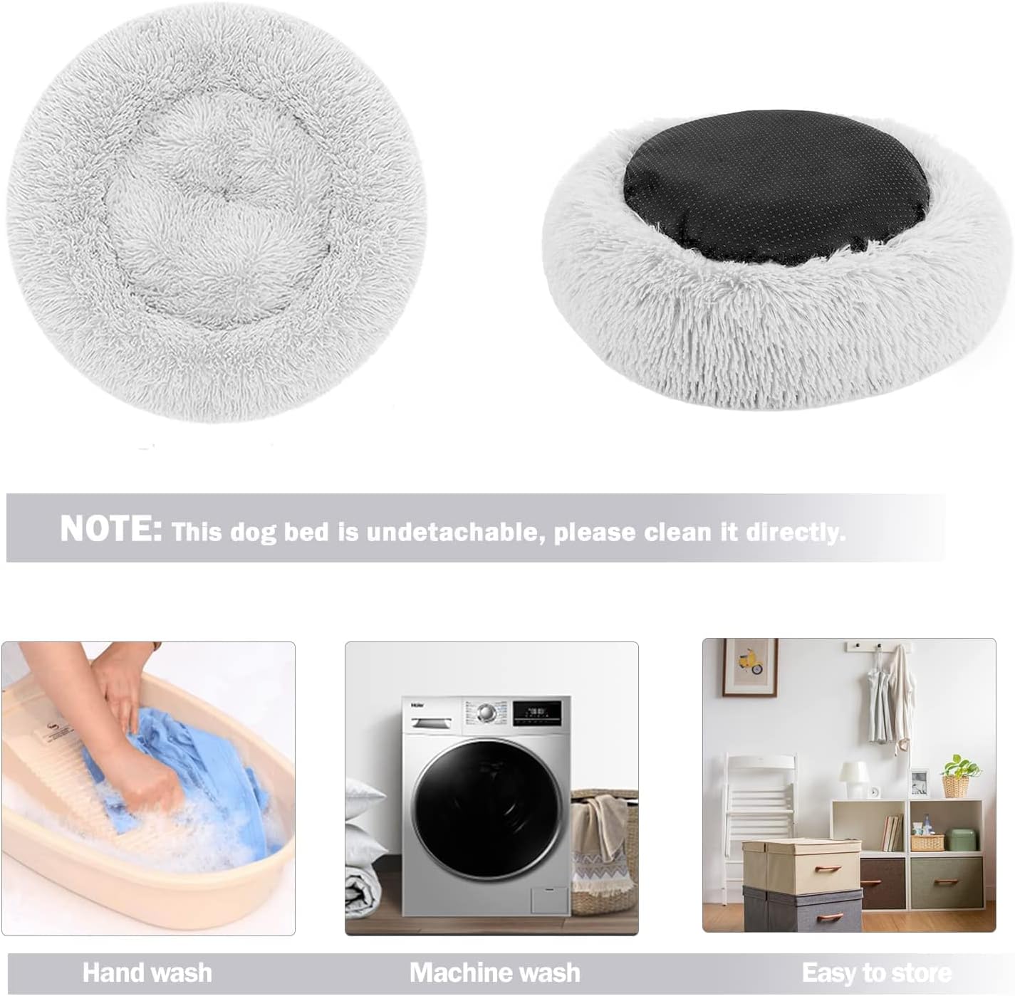 Thumbnail 6 de Nepfaivy Donut-Hundebett & Katzenbett aus Plüsch (flauschig, waschbar) in Hellgrau – XL ca. 70 cm