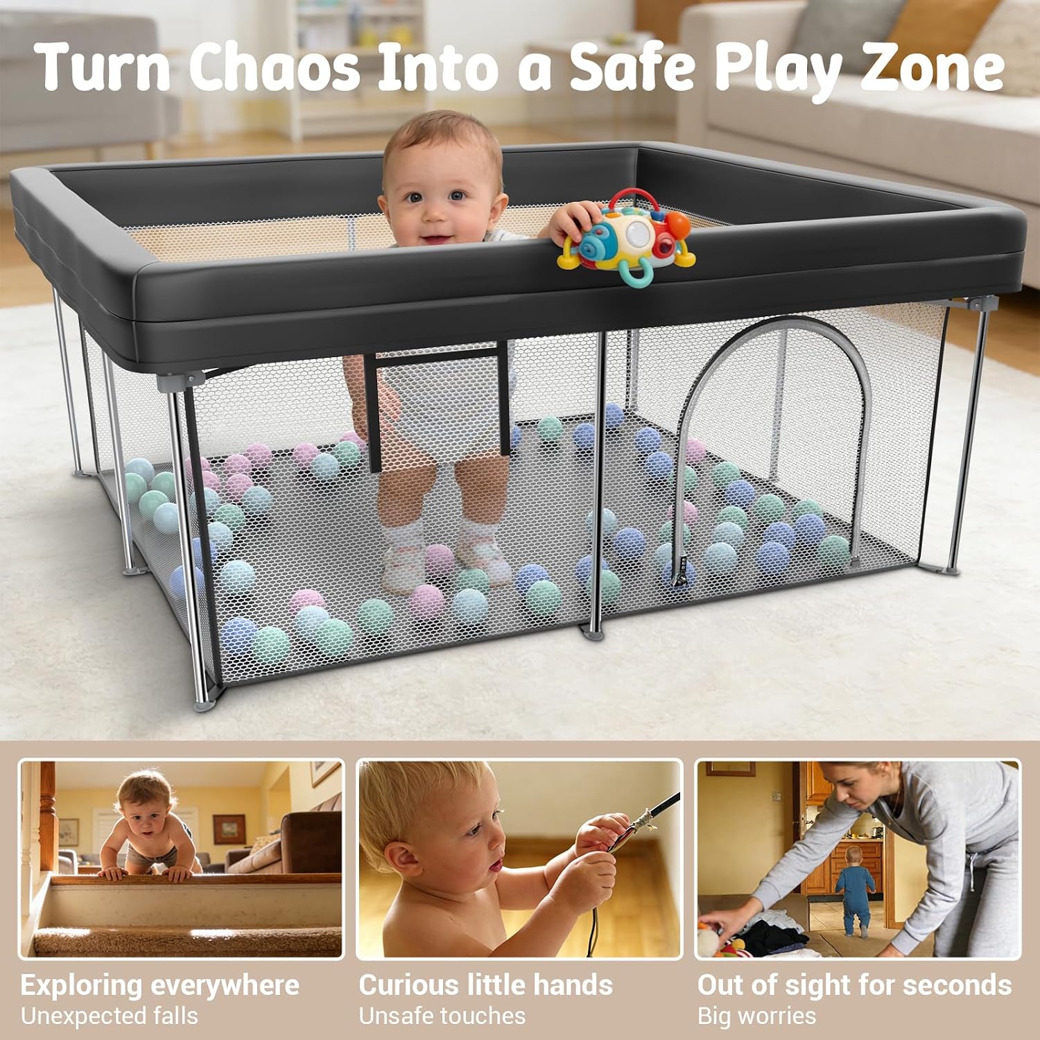 Detalle 2 de Desque Baby Playpen with Mat, 50 x 50 in Foldable Play Yard with Mesh Sides