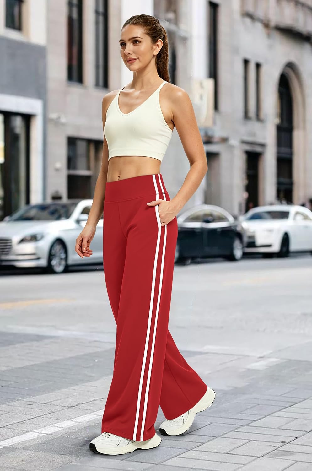 Detalle de Alaroo Women's Wide-Leg Track Pants with High Waist, Side Stripes and Pockets