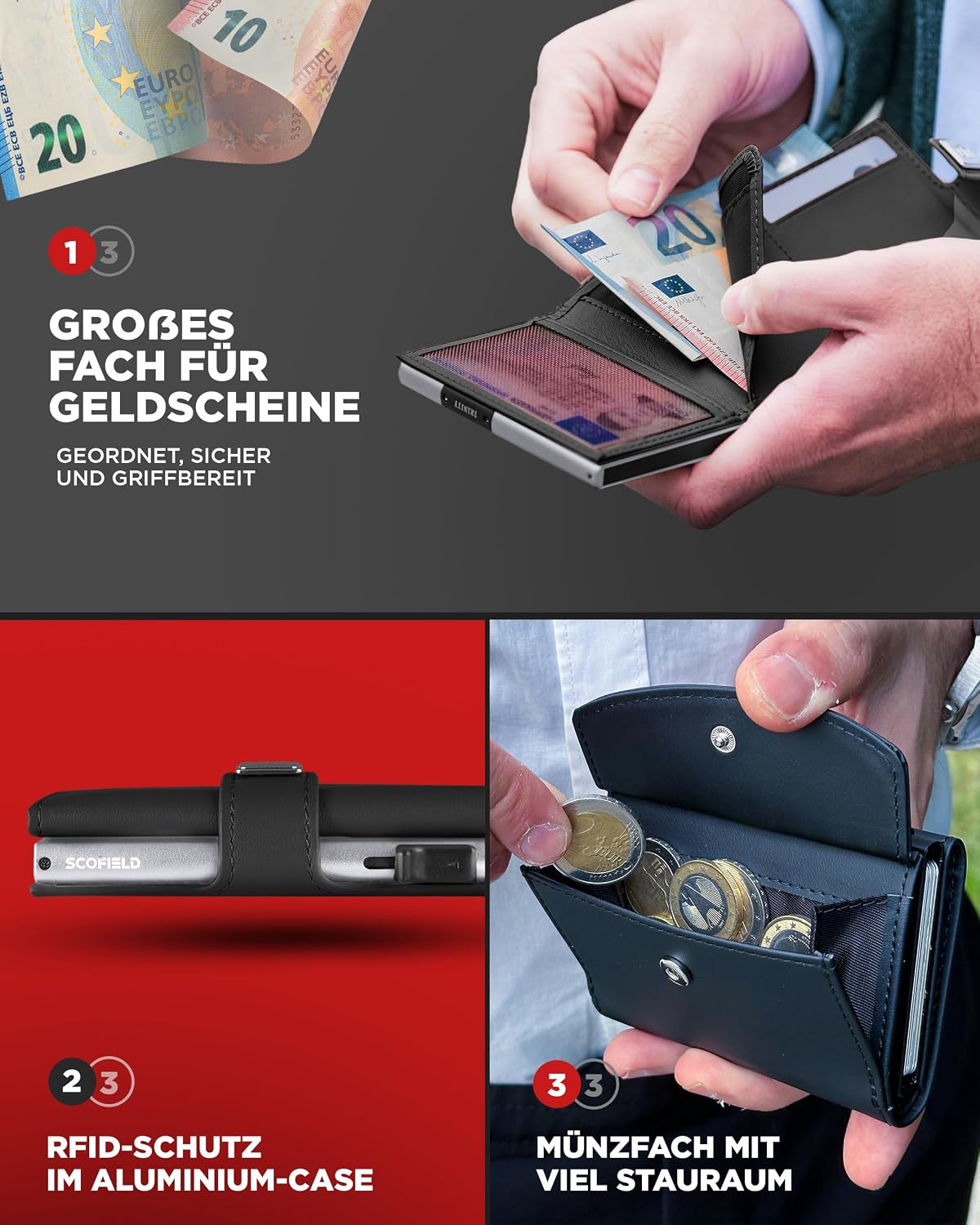 Detalle de SF SCOFIELD Herren Geldbörse Trinity mit RFID-Schutz für bis zu 12 Karten – schmale Smart Wallet