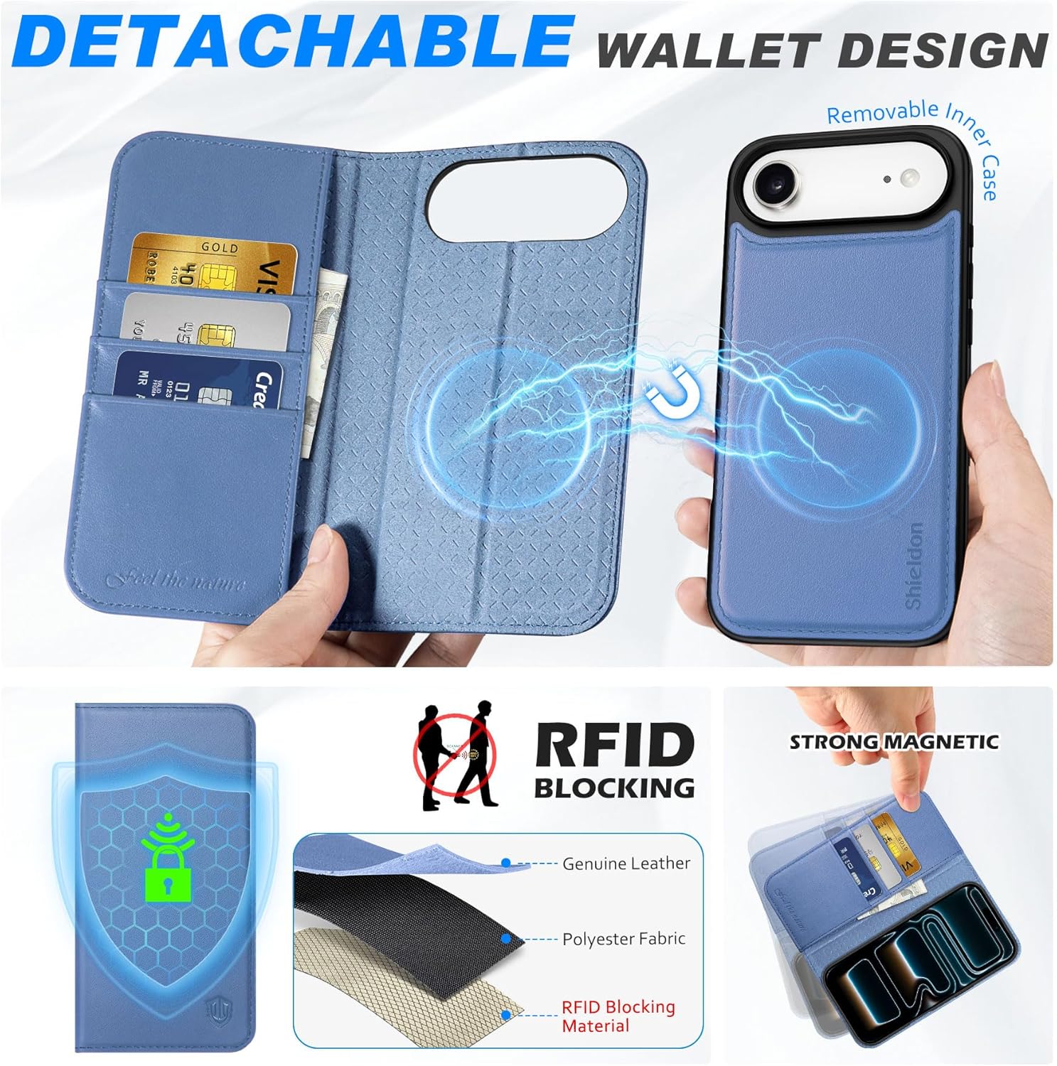Detalle de SHIELDON Hülle für iPhone Air 6,5" 2025 – 2in1 Echtleder Hülle mit RFID-Blocker, Ständer und Magnetverschluss (Glyzinie Violett)
