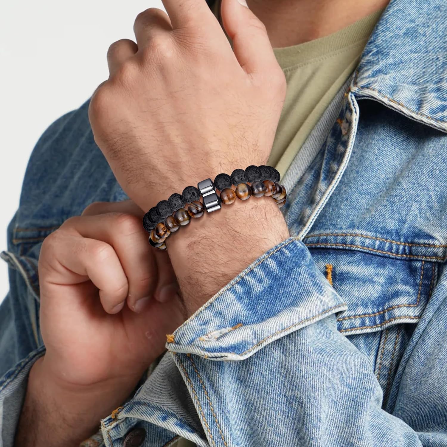 Thumbnail 1 de MOROTOLE Bracelet Œil de Tigre Homme 8 mm (lot 3 ou 4) avec pierres naturelles et pierre de lave