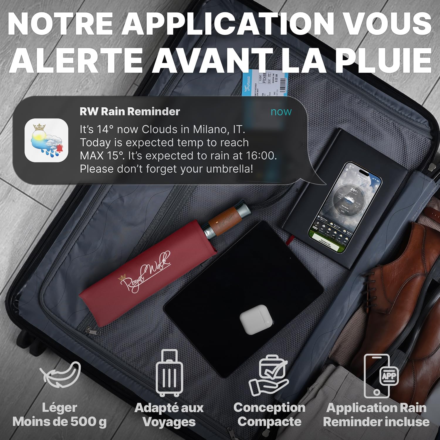 Thumbnail 5 de Royal Walk Parapluie de voyage pliable coupe-vent double auvent ventilé, manche bois véritable, rouge