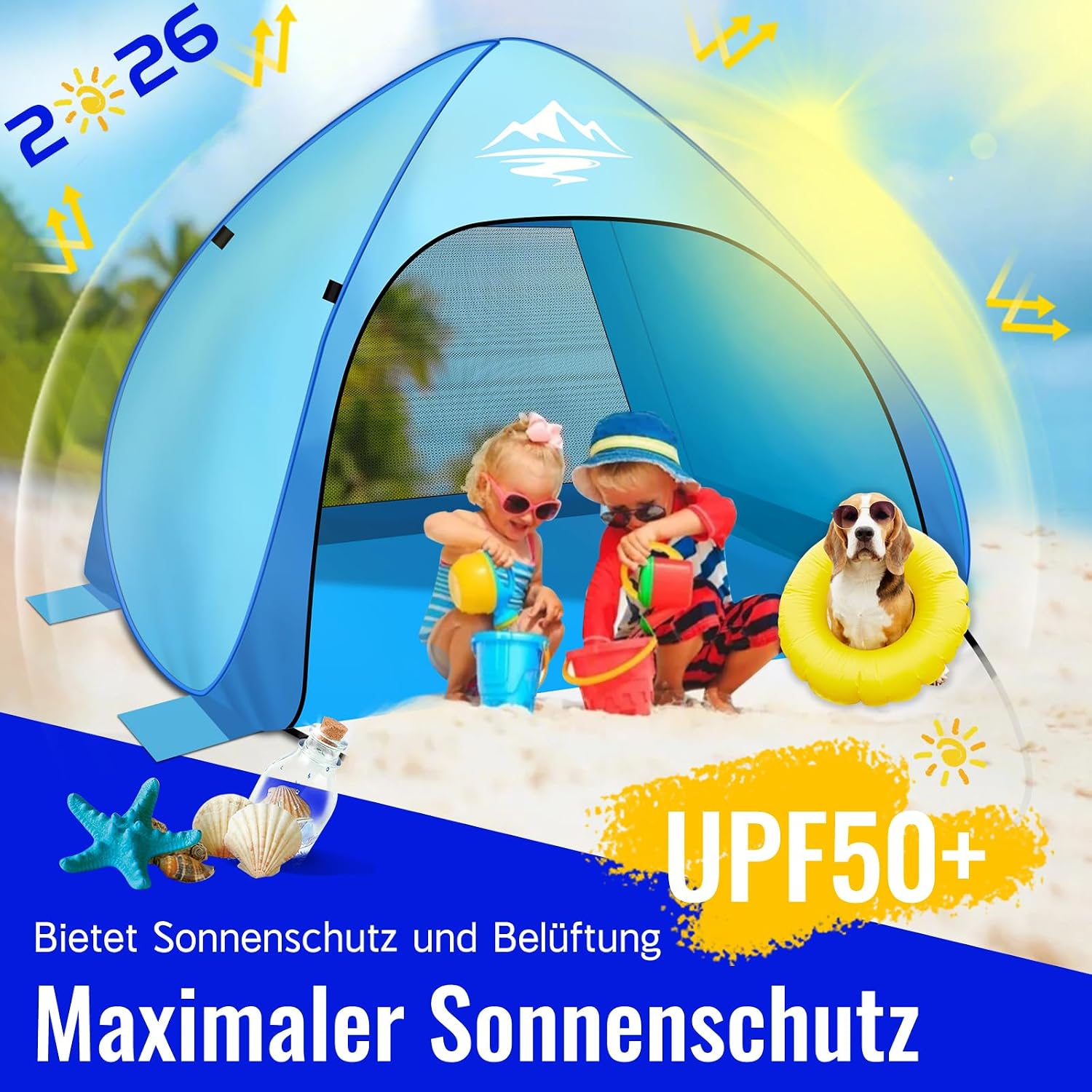 Detalle 2 de Strandmuschel Pop Up Strandzelt 3-4 Personen – UV-Schutz 50+, Windstabil, schnell aufgebaut