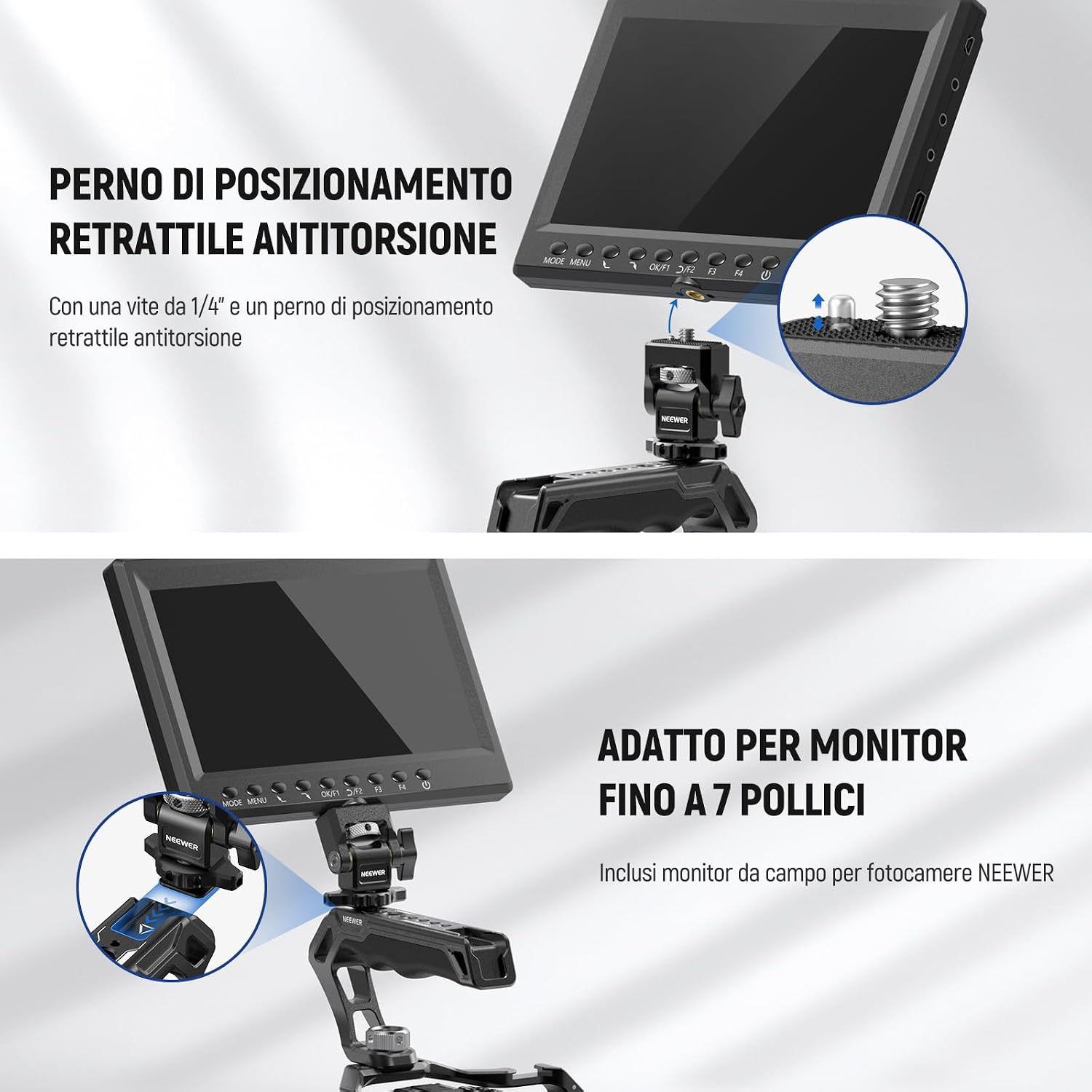 Detalle de NEEWER Set Top Handle CA007 + Supporto Monitor MA006 inclinabile fino a 180° per monitor 5"/7" (compatibile Atomos Ninja V)