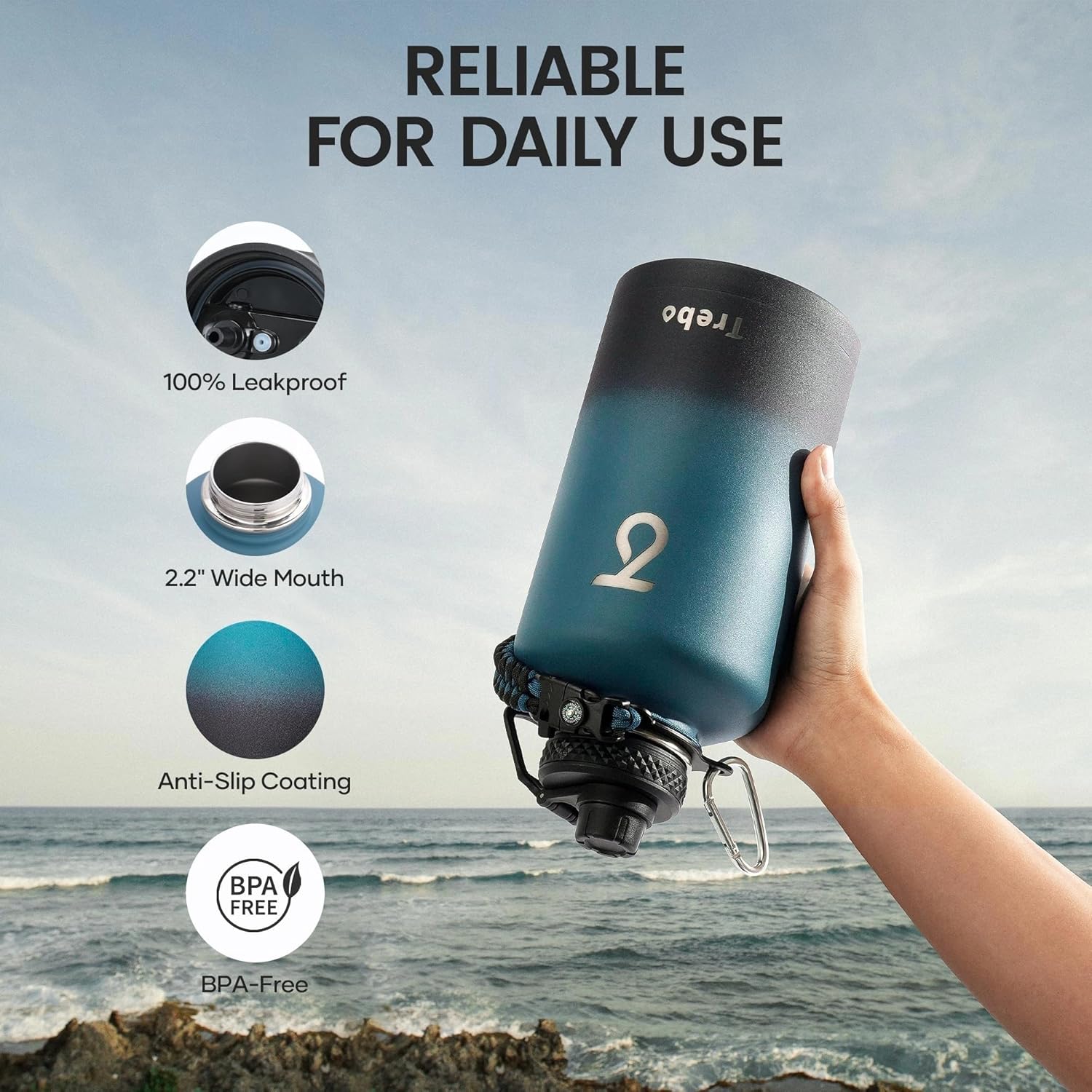 Detalle de Trebo 64oz Vacuum Insulated Water Bottle with Paracord Handle (Indigo/Black)