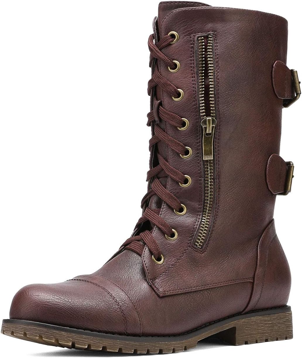Detalle de DREAM PAIRS Mid-Calf Combat Boots with Lace-Up Design, Side Zipper and Hidden Pocket