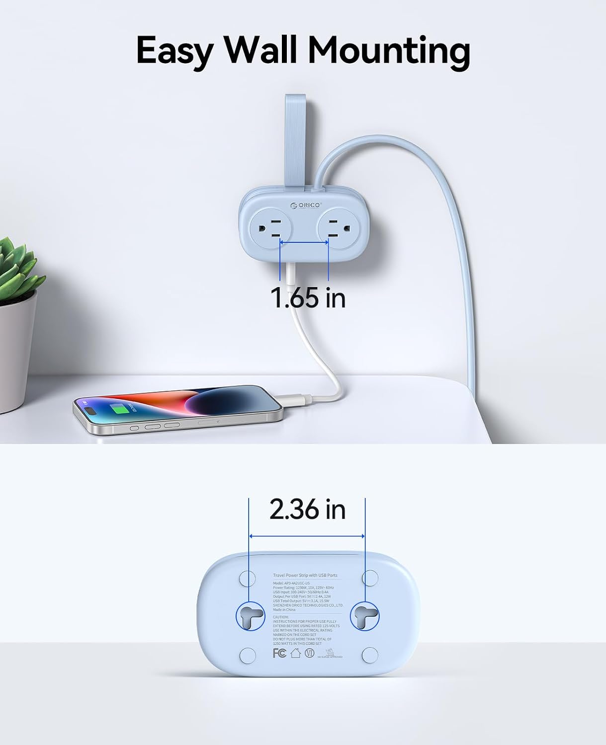 Detalle de ORICO AP3-4A2U1C-US Travel Power Strip, 4 Outlets, 3 USB Ports, 4-ft Cord