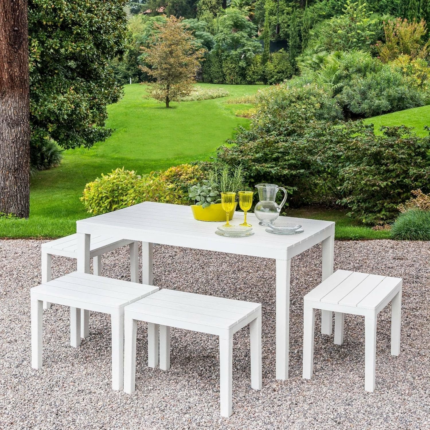 Dmora Sanremo set salotto da esterno con tavolo e 4 panchine