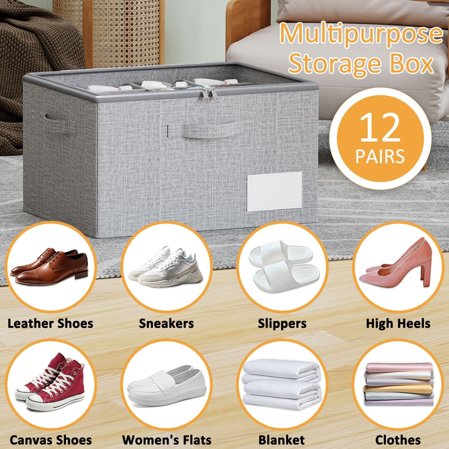 Detalle de WANGIRL Fabric Shoe Storage Box (Grey) – Foldable organiser for 12 pairs with clear zip lids