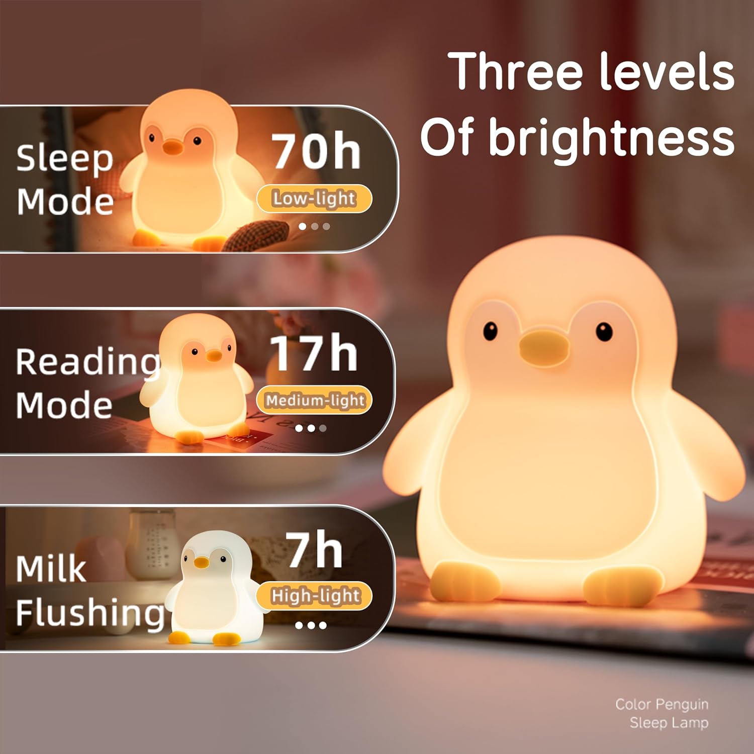 Detalle de JMG-Myratts Myratts Kids Night Light – soft silicone penguin lamp with dimmer & 20-minute timer (USB rechargeable)