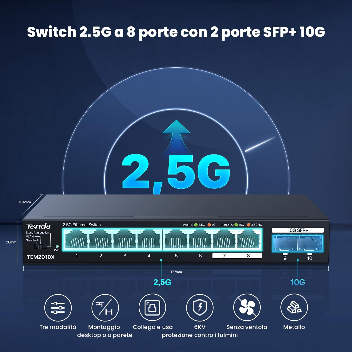 Thumbnail 1 de Tenda TEM2010X Switch Ethernet 2.5G 8 porte + 2 porte SFP+ 10G – VLAN, Aggregazione Statica, Unmanaged