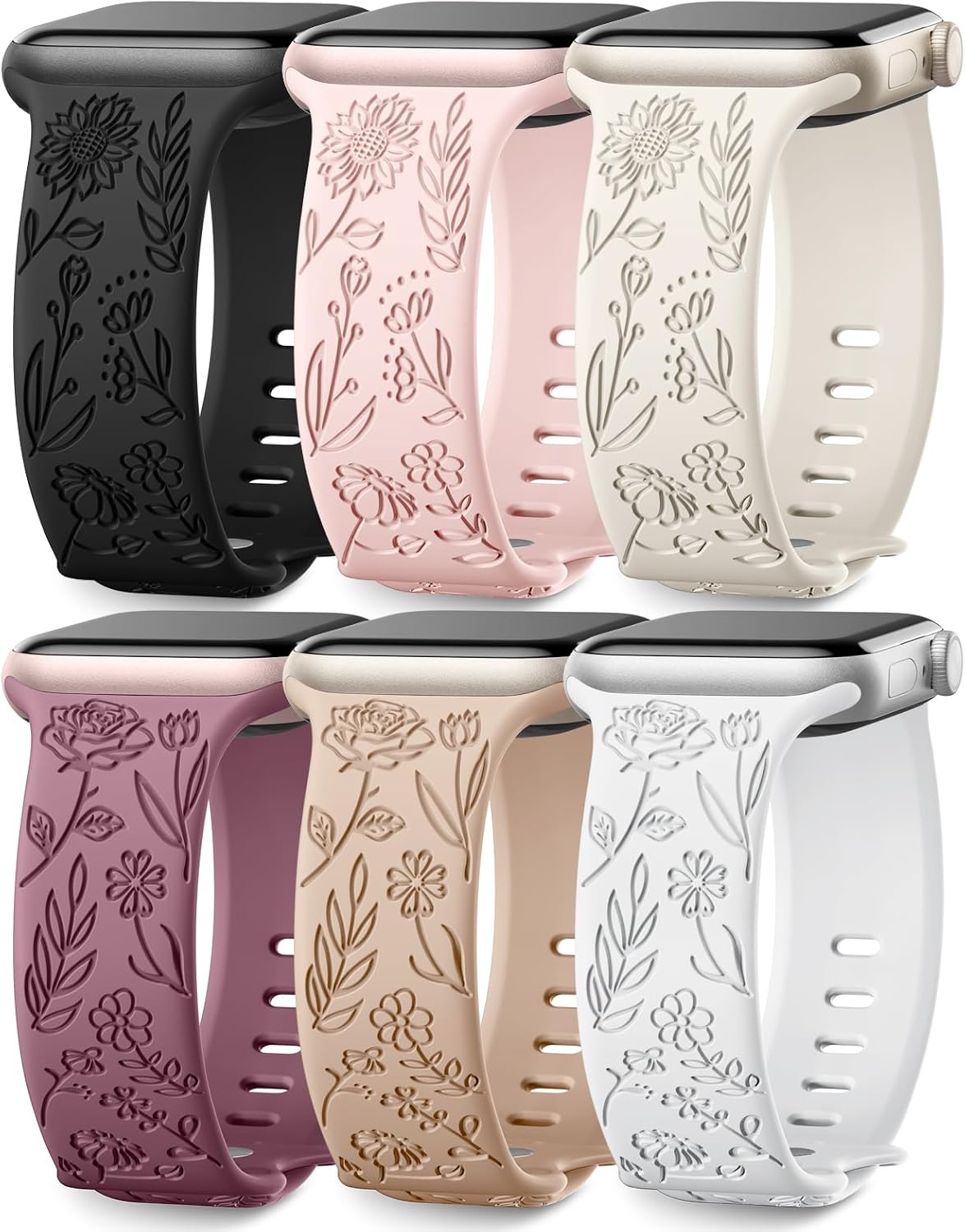 Detalle de SNBLK 6-Pack Floral Engraved Silicone Apple Watch Bands, Multiple Sizes