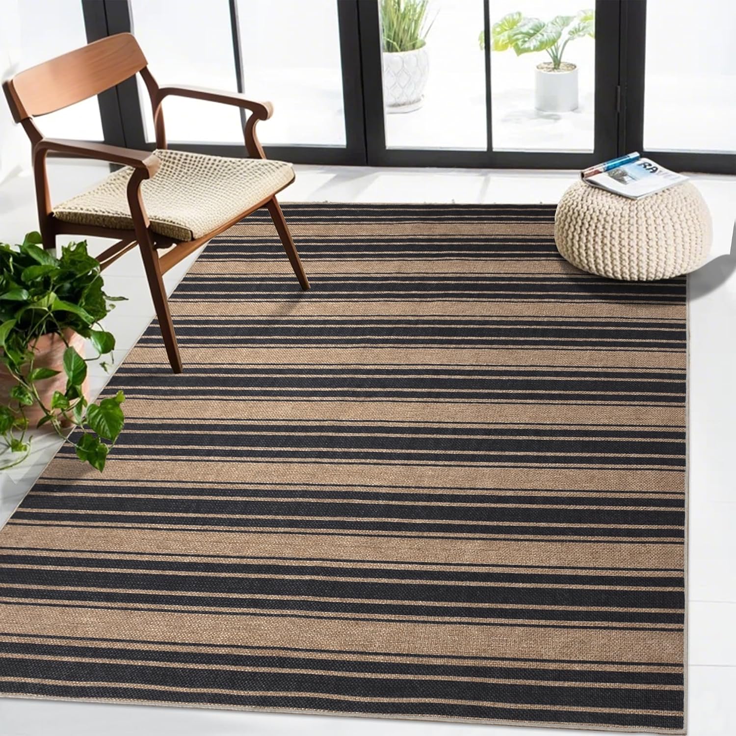 Detalle de Zeeinx Modern Easy Jute Striped Area Rug, 3' x 5', Washable Indoor/Outdoor