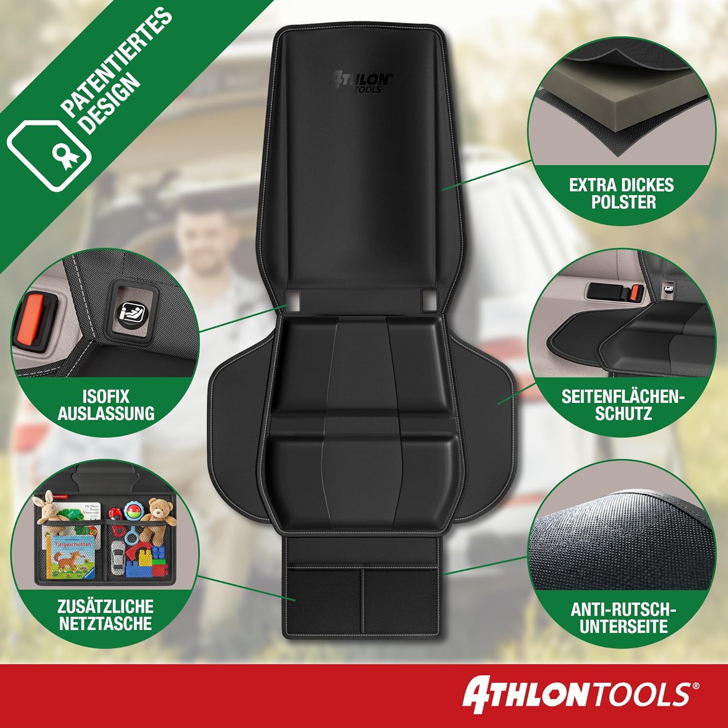 Detalle de ATHLON TOOLS Kindersitzunterlage Auto mit Seitenschutz – ISOFIX-kompatibel, dick gepolstert