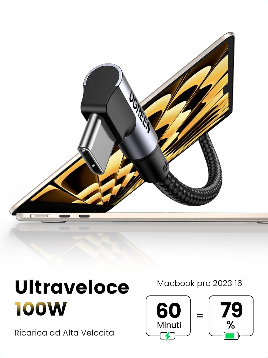 Detalle 2 de UGREEN USB-C 100W 20V/5A cavo angolato 90°