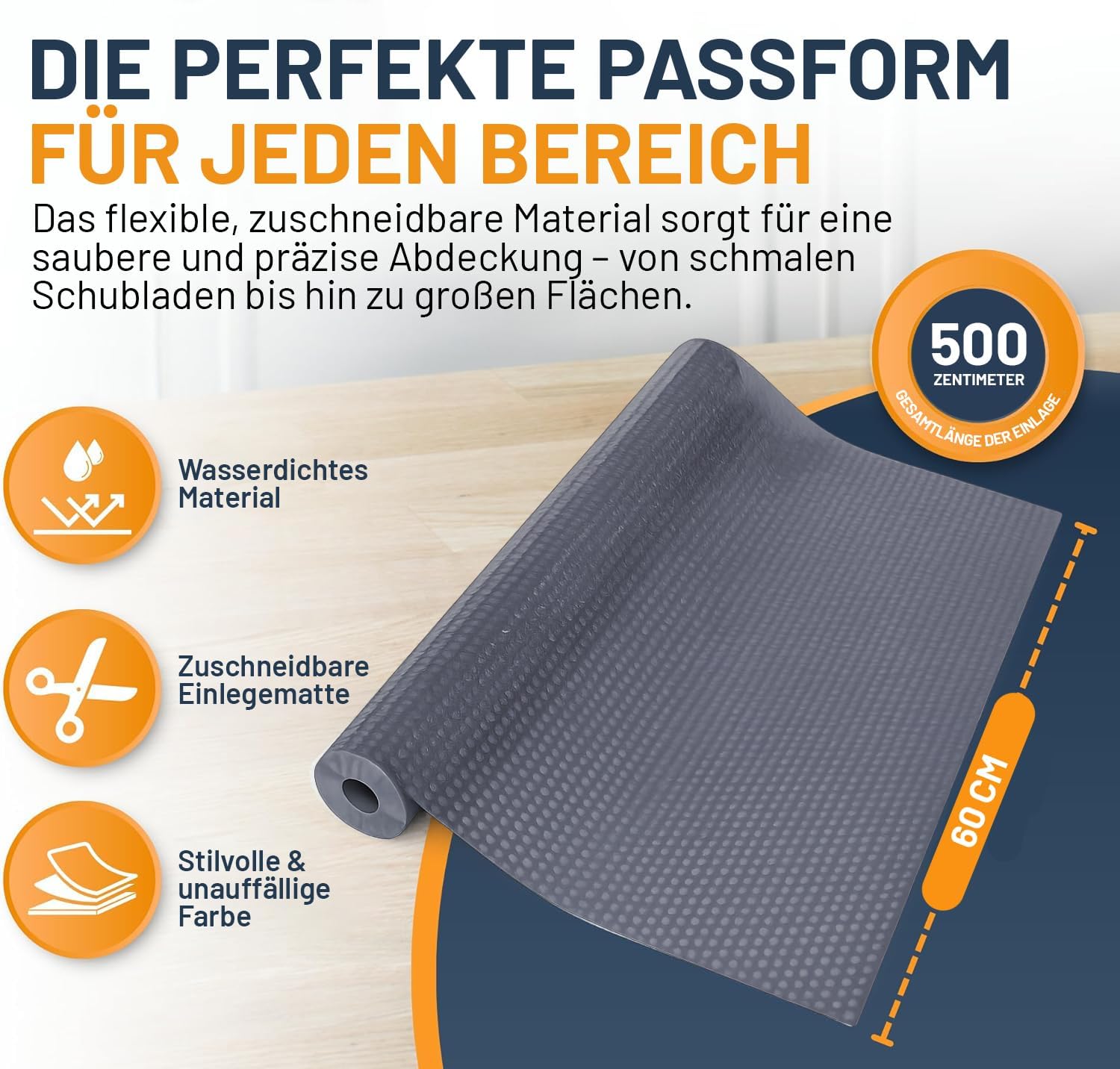 Detalle de Linda's Essentials Schubladenmatte (60 x 500 cm) – rutschhemmende Schrankfolie aus EVA, zuschneidbar in Grau