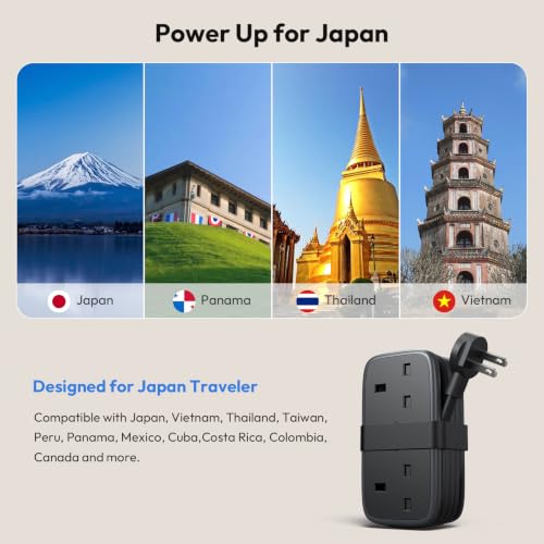 Detalle de NTONPOWER UK to Japan Plug Adapter with 1.2M Extension Cable — 5-in-1 Travel Power Hub for Type A