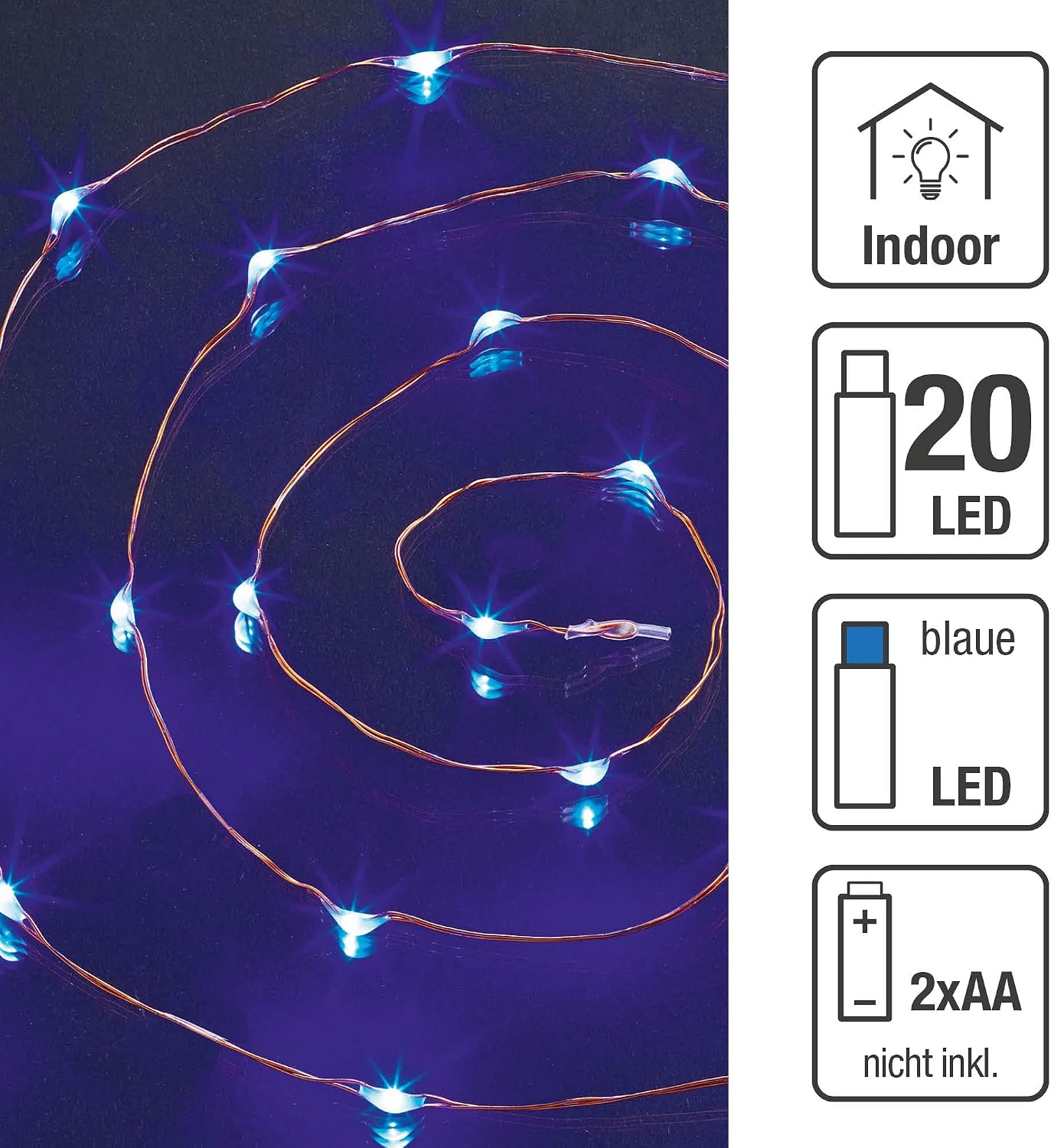 Thumbnail 1 de Hellum 00570724 LED Fairy Lights, 20 Blue LEDs, 0.95 m Copper Cable