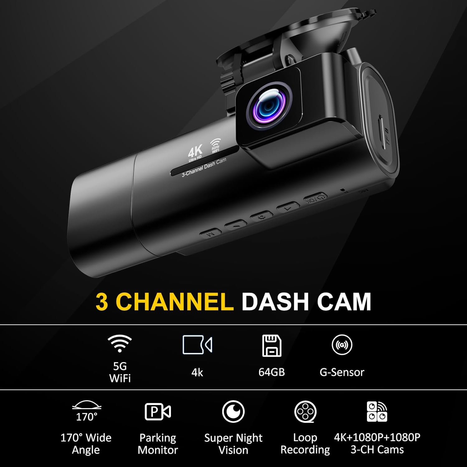 Thumbnail 1 de 3-Channel 4K dash cam 64GB WiFi with G-sensor